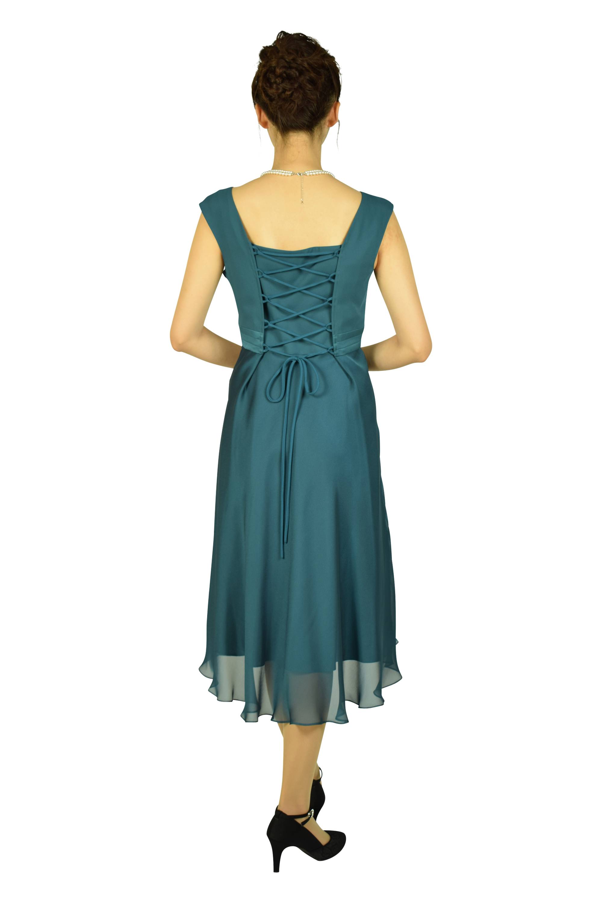 フレアードレープピーコックグリーンドレスセット