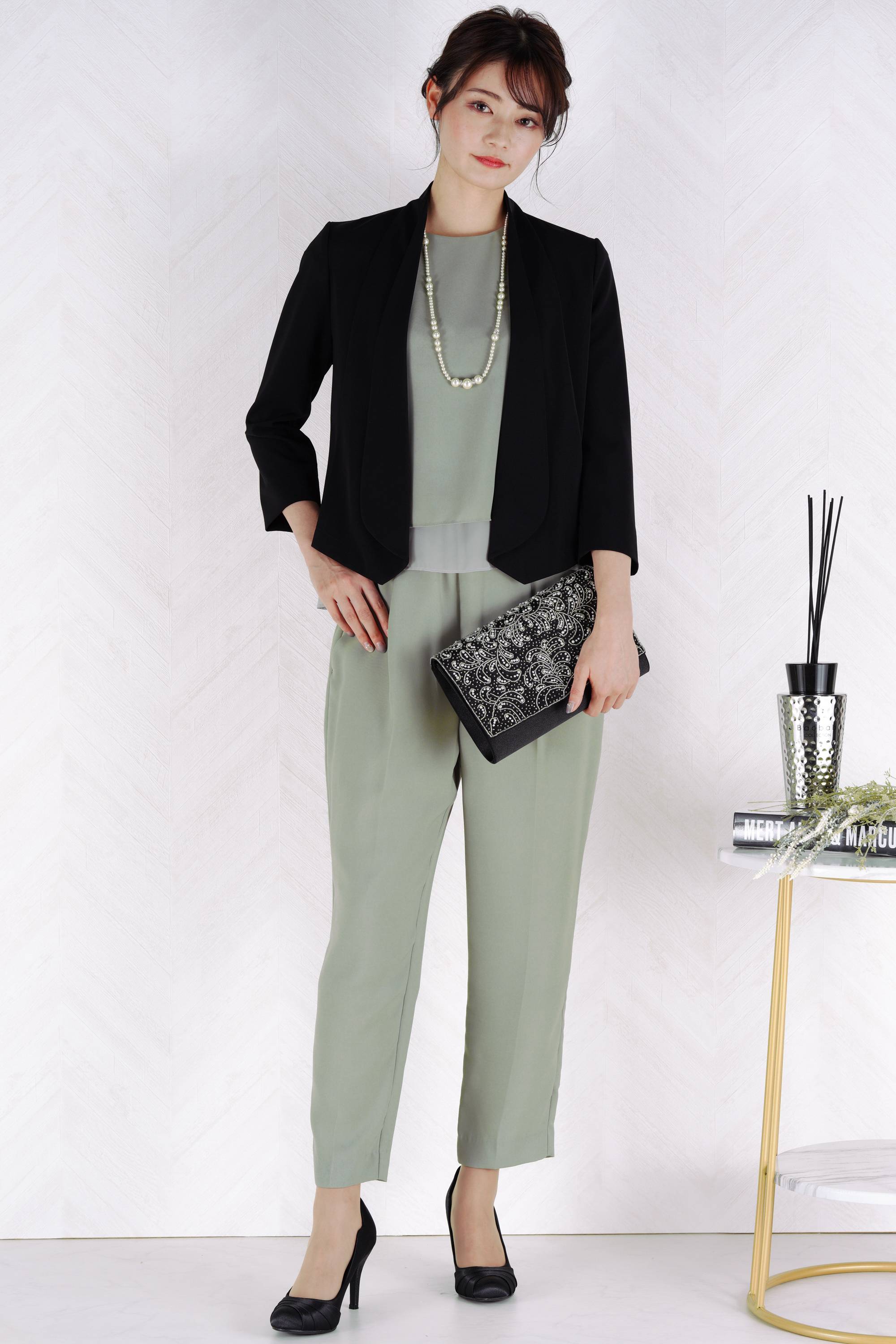 レイヤード風ミントパンツドレスセット