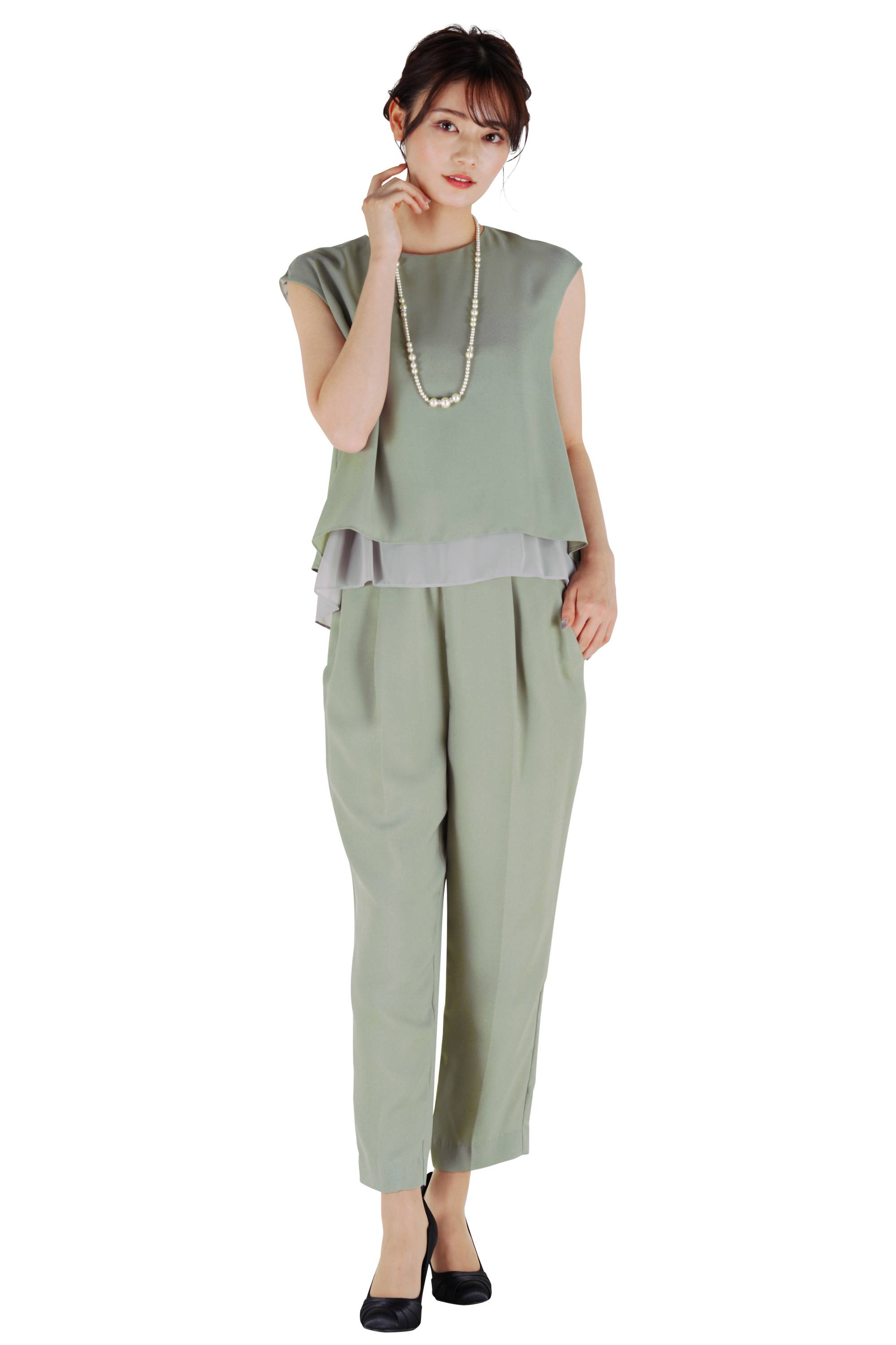 レイヤード風ミントパンツドレスセット
