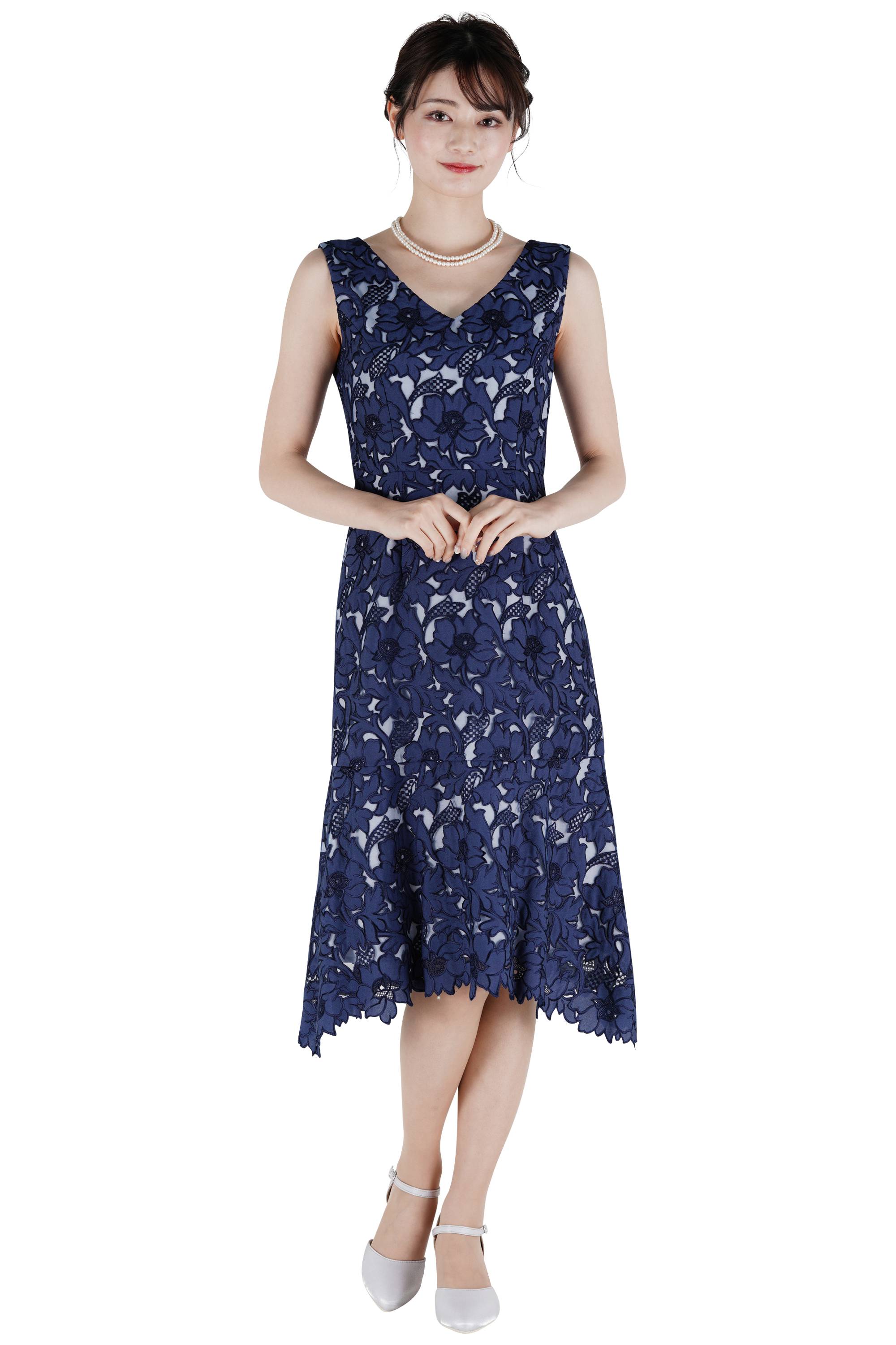 大判フラワー刺繍ネイビードレスセット