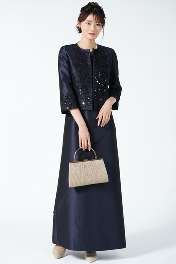 シャンタン光沢ロング紺ドレスセット