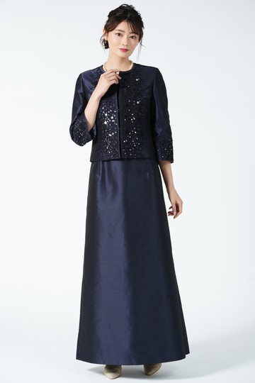 シャンタン光沢ロング紺ドレスセット