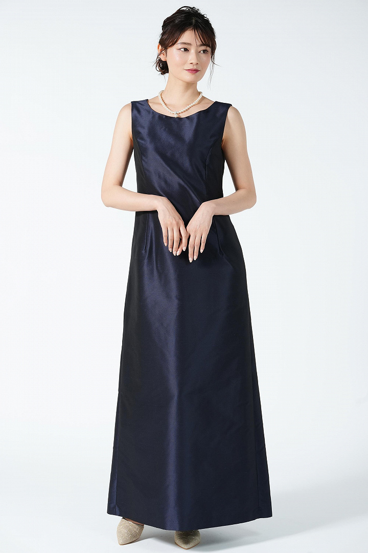 シャンタン光沢ロング紺ドレスセット