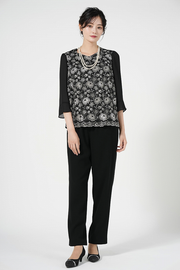 エレガント刺繍ブラックパンツドレスセット