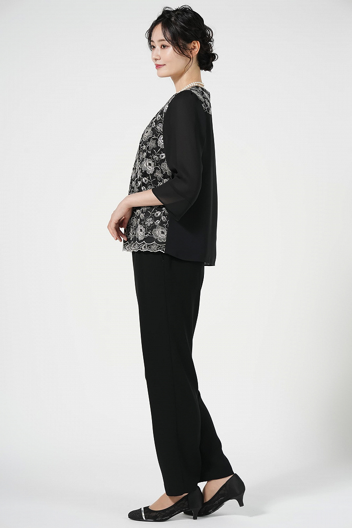 エレガント刺繍ブラックパンツドレスセット