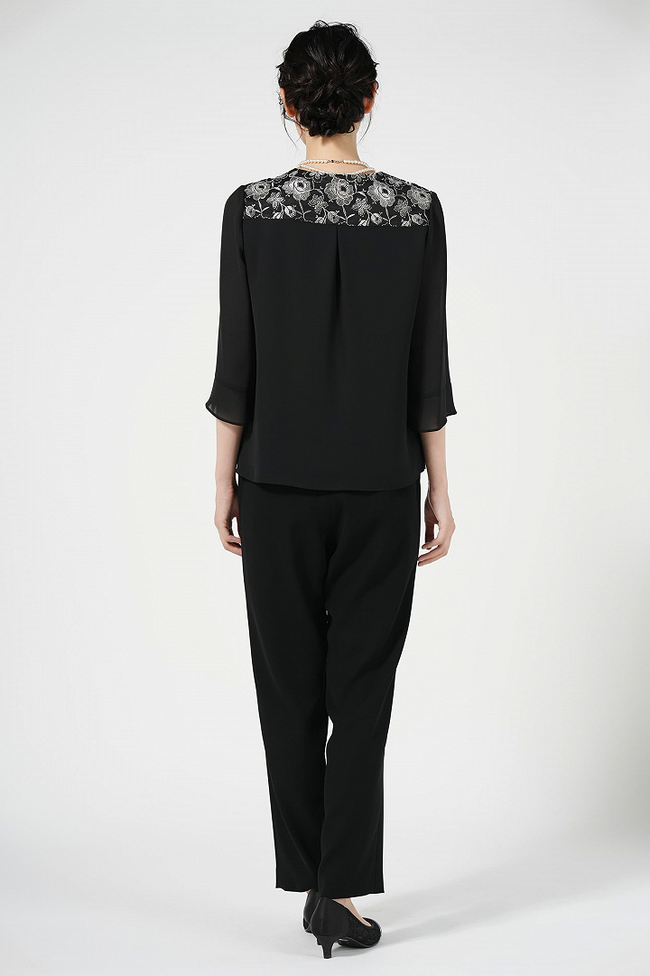 エレガント刺繍ブラックパンツドレスセット