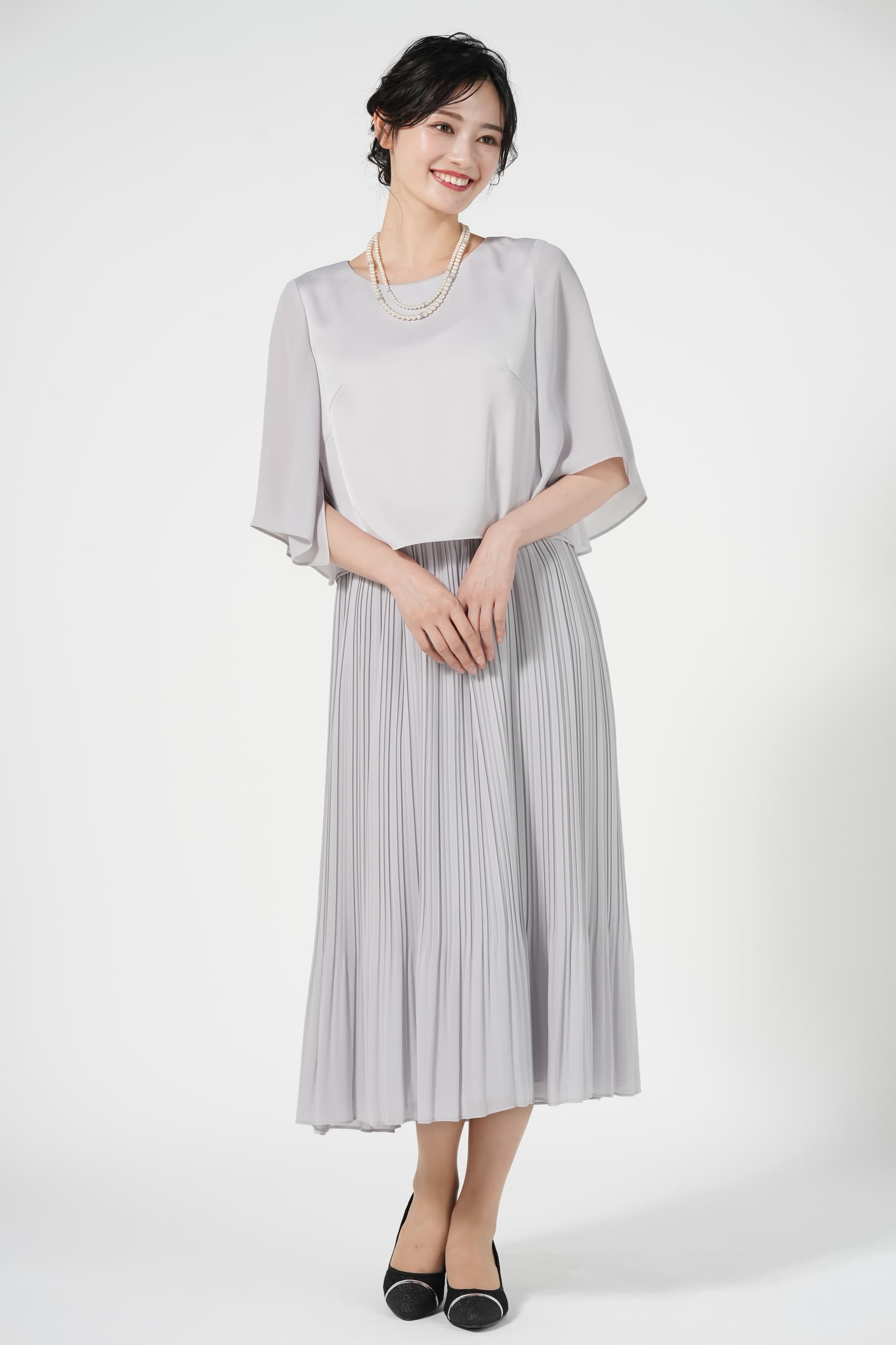 プリーツ切り替えブルーグレードレスセット