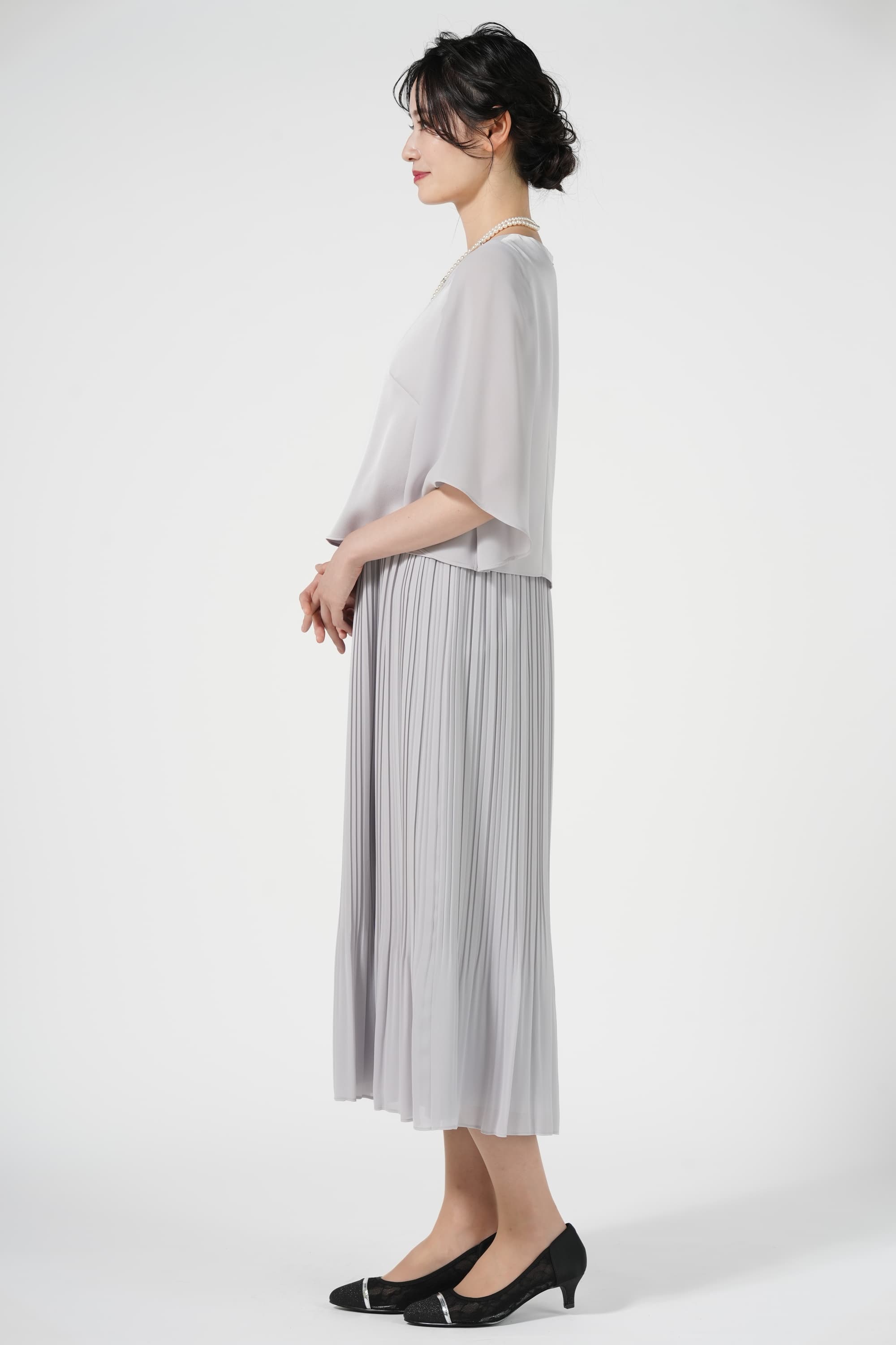 プリーツ切り替えブルーグレードレスセット