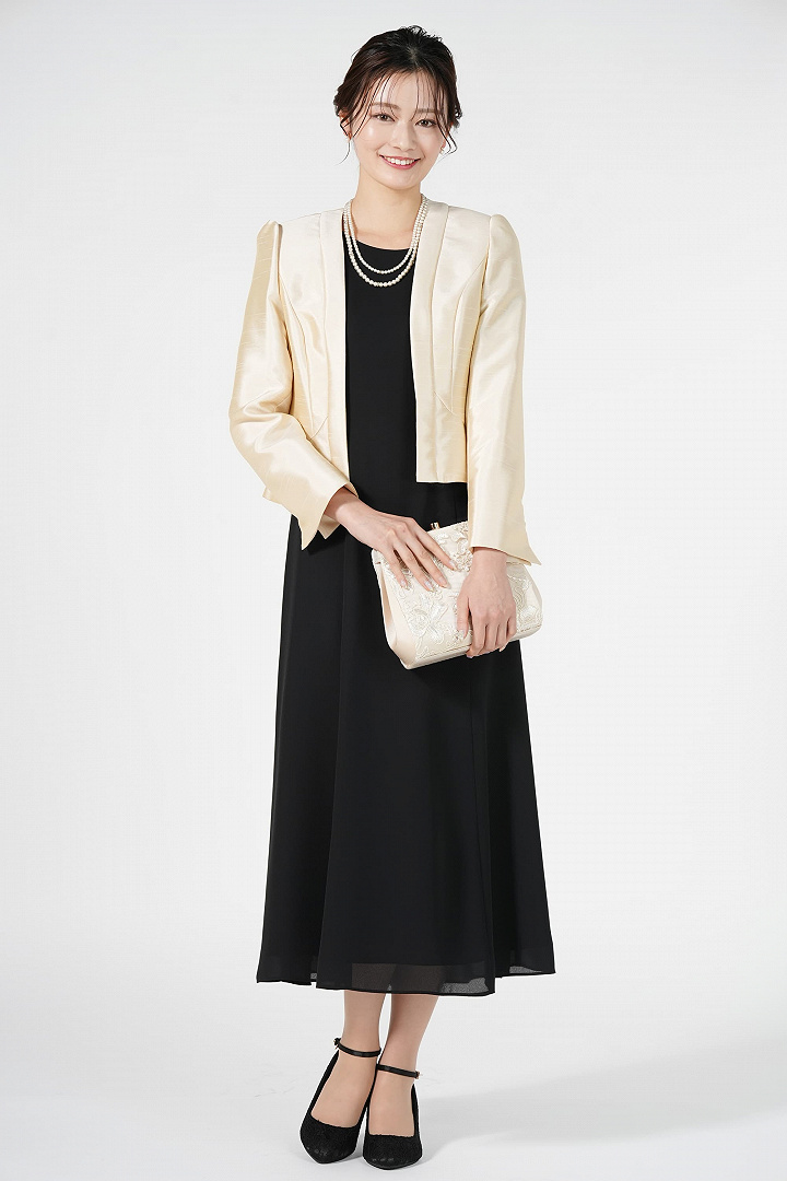 ミディ丈エレガントブラックドレスセット