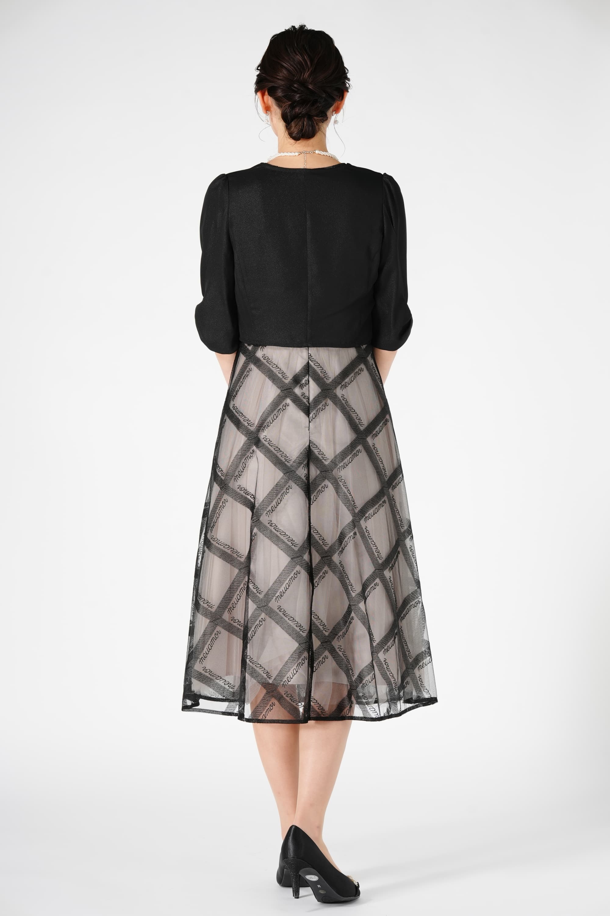 チェック柄チュールブラックドレスセット