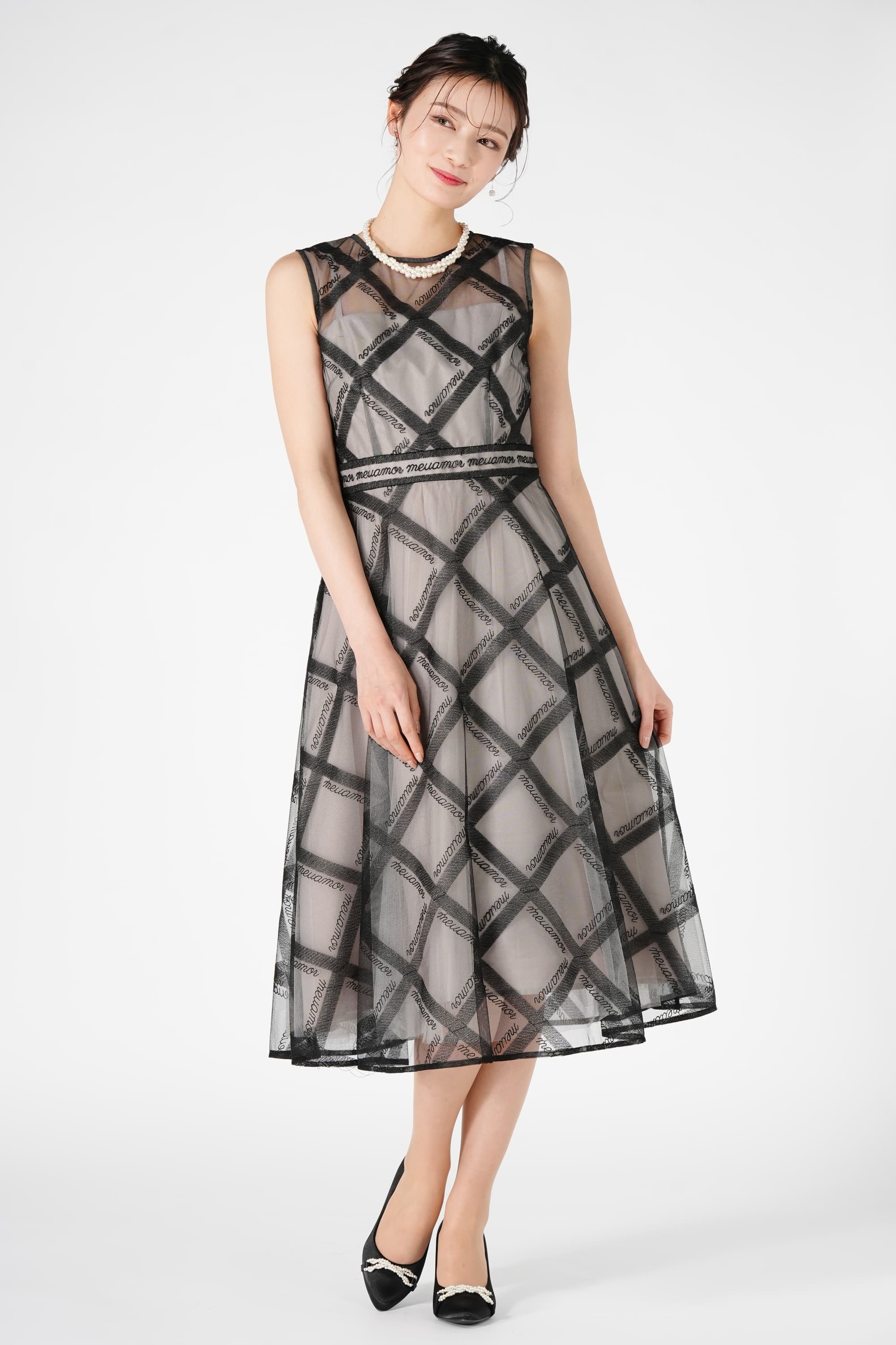 チェック柄チュールブラックドレスセット