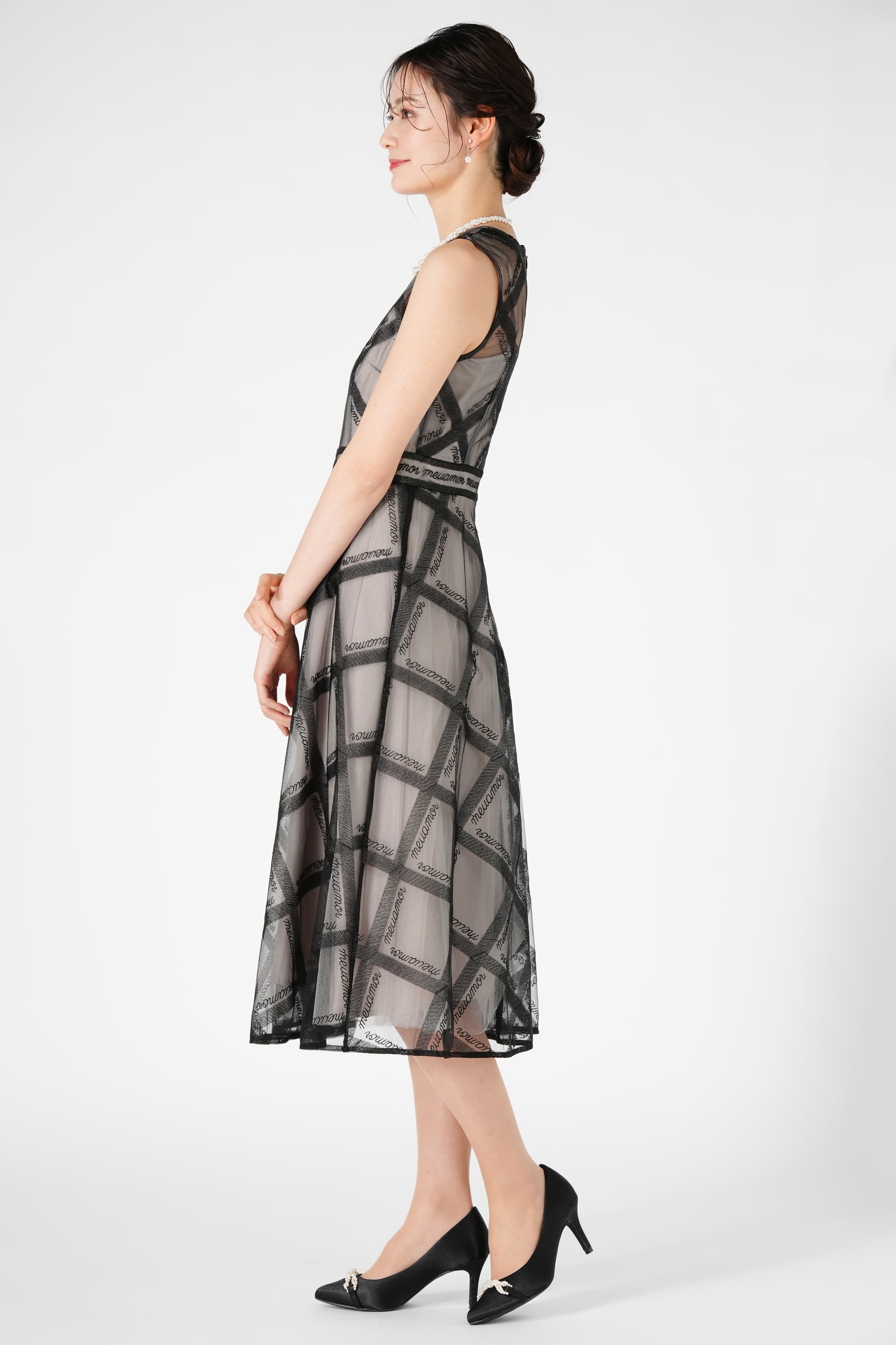 チェック柄チュールブラックドレスセット