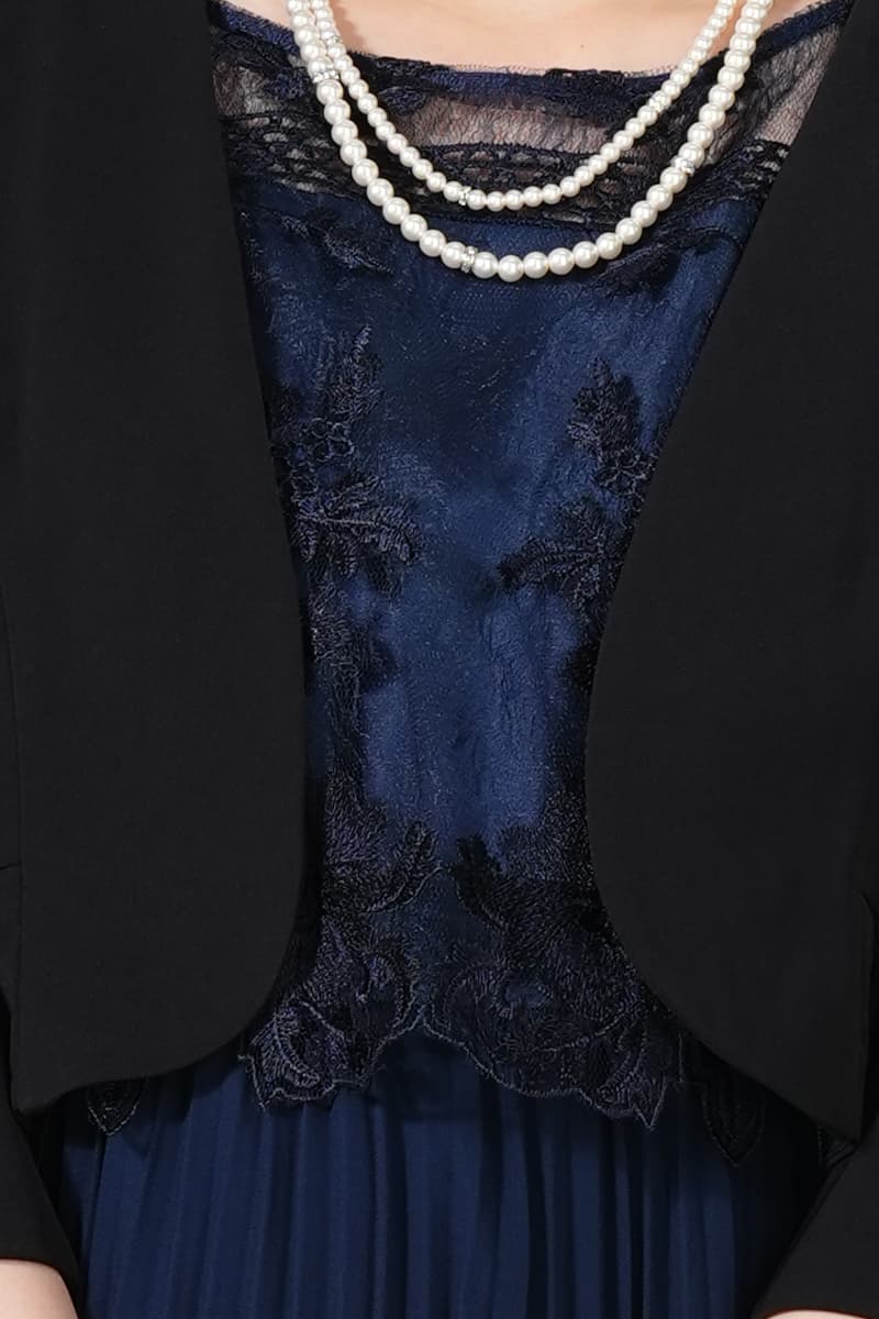 チュールレース×プリーツネイビードレスセット