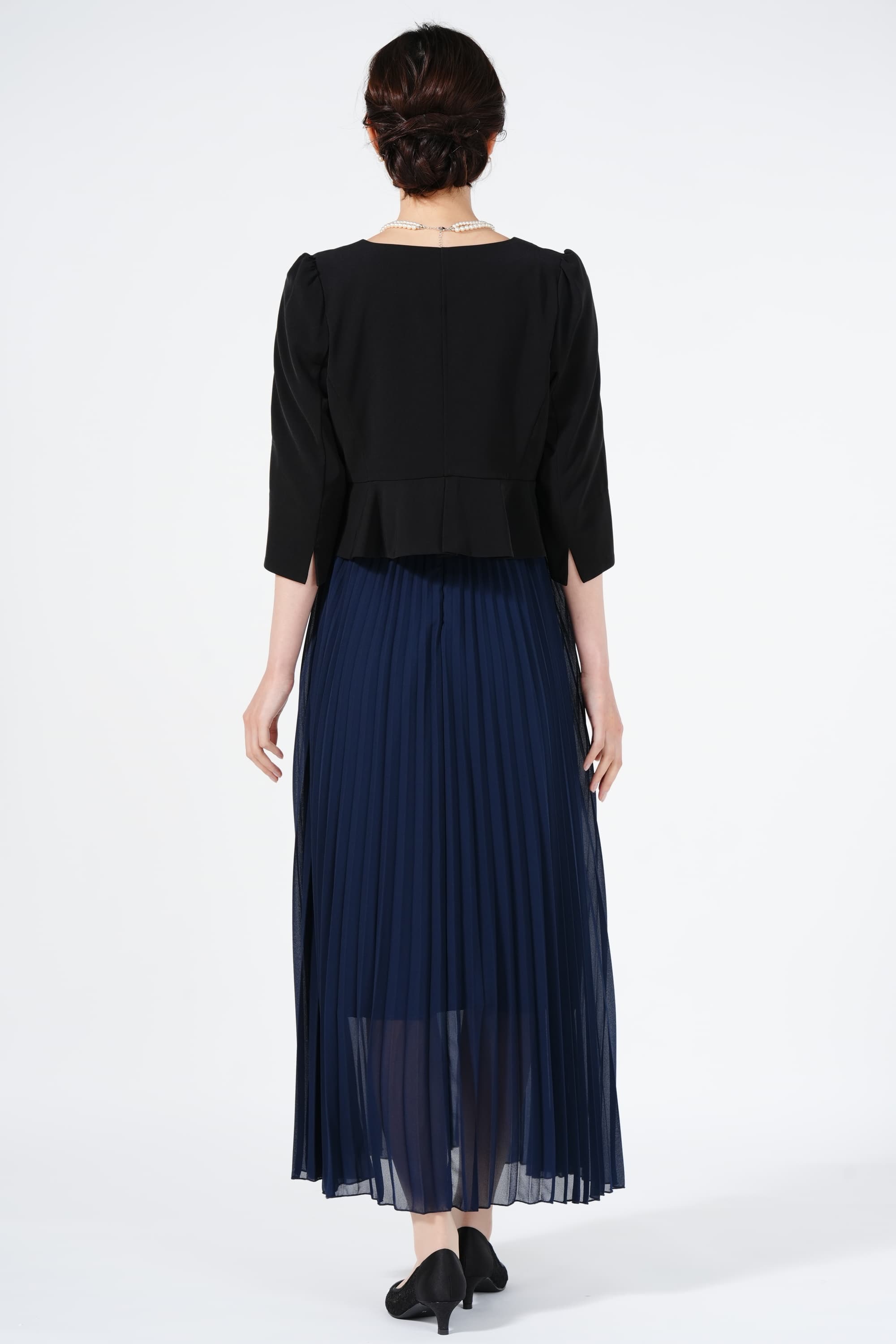 チュールレース×プリーツネイビードレスセット