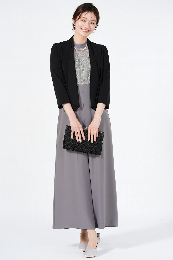 レース刺繍ライトグレーワイドパンツドレスセット