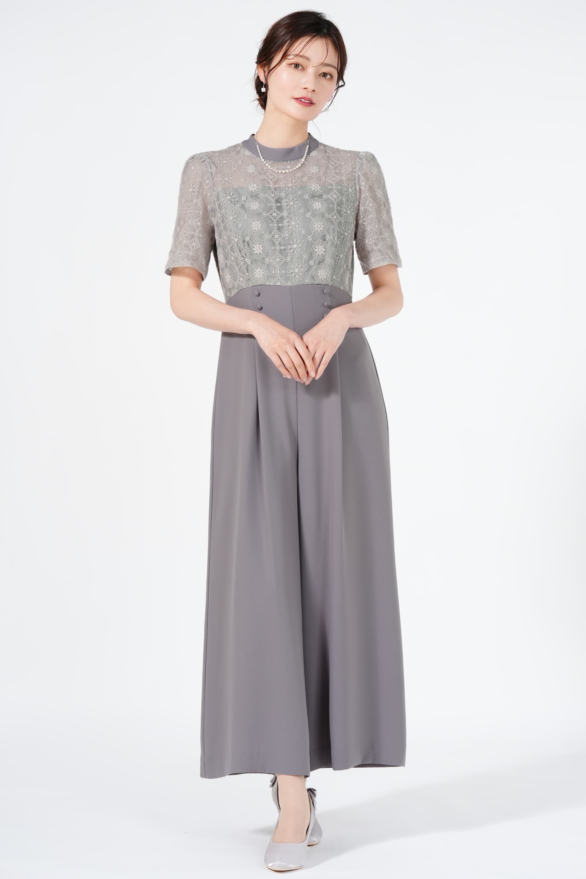 ketty レース刺繍ライトグレーワイドパンツドレスセット (M) を