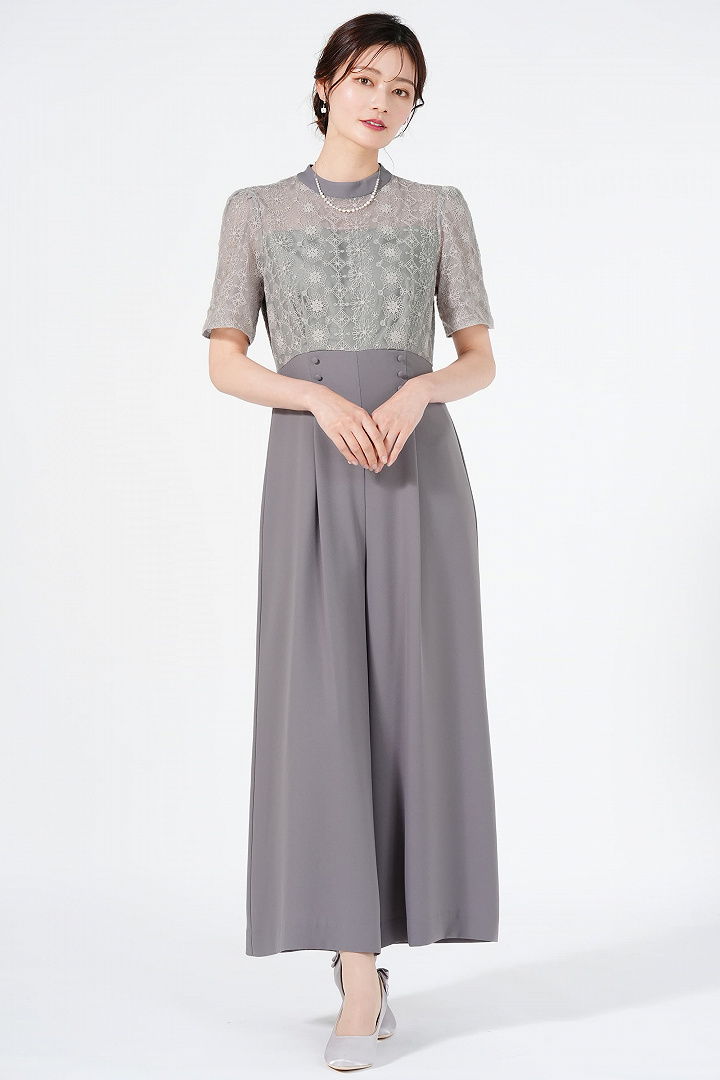 レース刺繍ライトグレーワイドパンツドレスセット