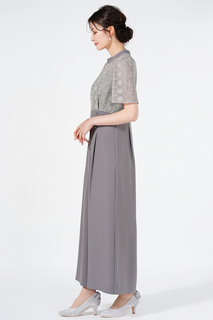 レース刺繍ライトグレーワイドパンツドレスセット