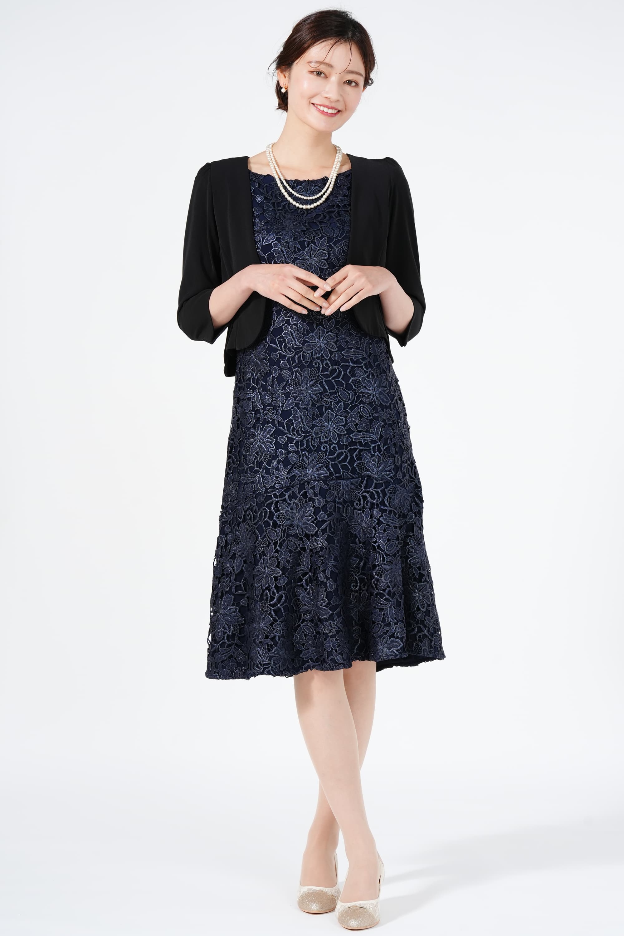 LAUREN RALPH LAUREN 微光沢フラワーレースネイビードレスセット (M〜L