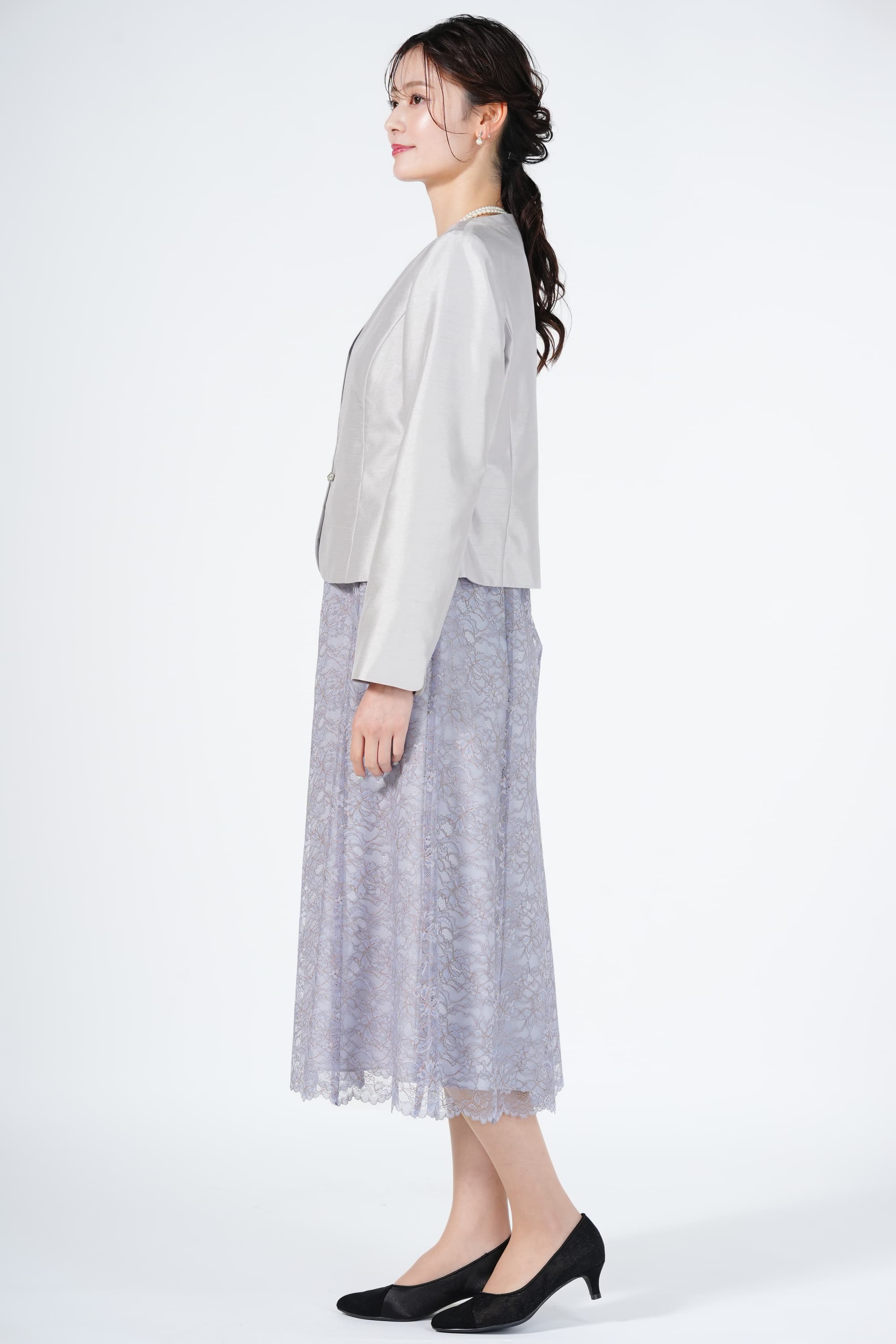 スカラップ裾レースくすみブルードレスセット