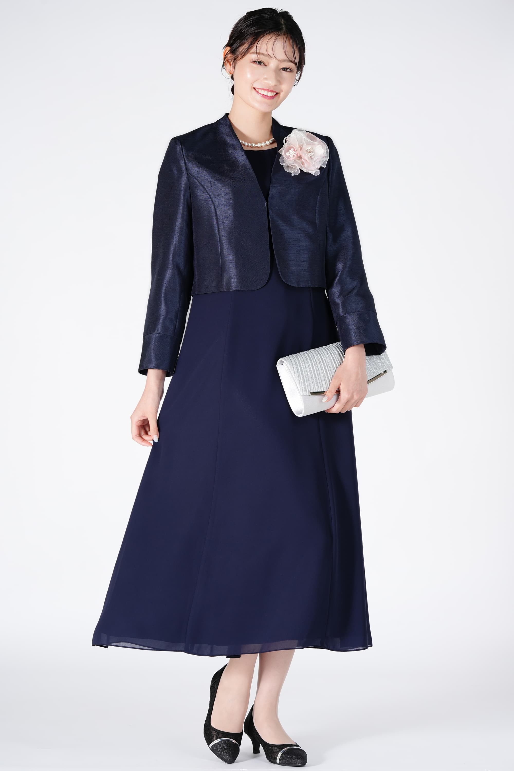 ネイビー＆ホワイトドレスセット 結婚式 母親ドレス ネイビー・マザーズドレス長袖 袖付き MD0404-DNY
