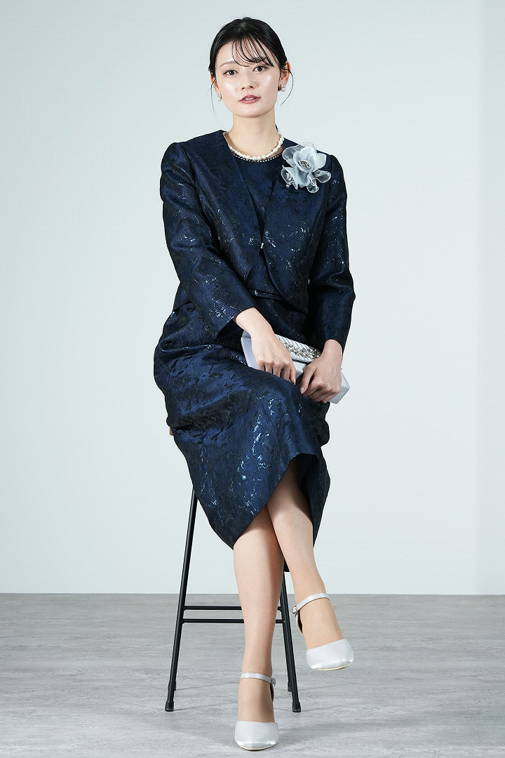 艶感ふくれジャガードネイビードレスセット