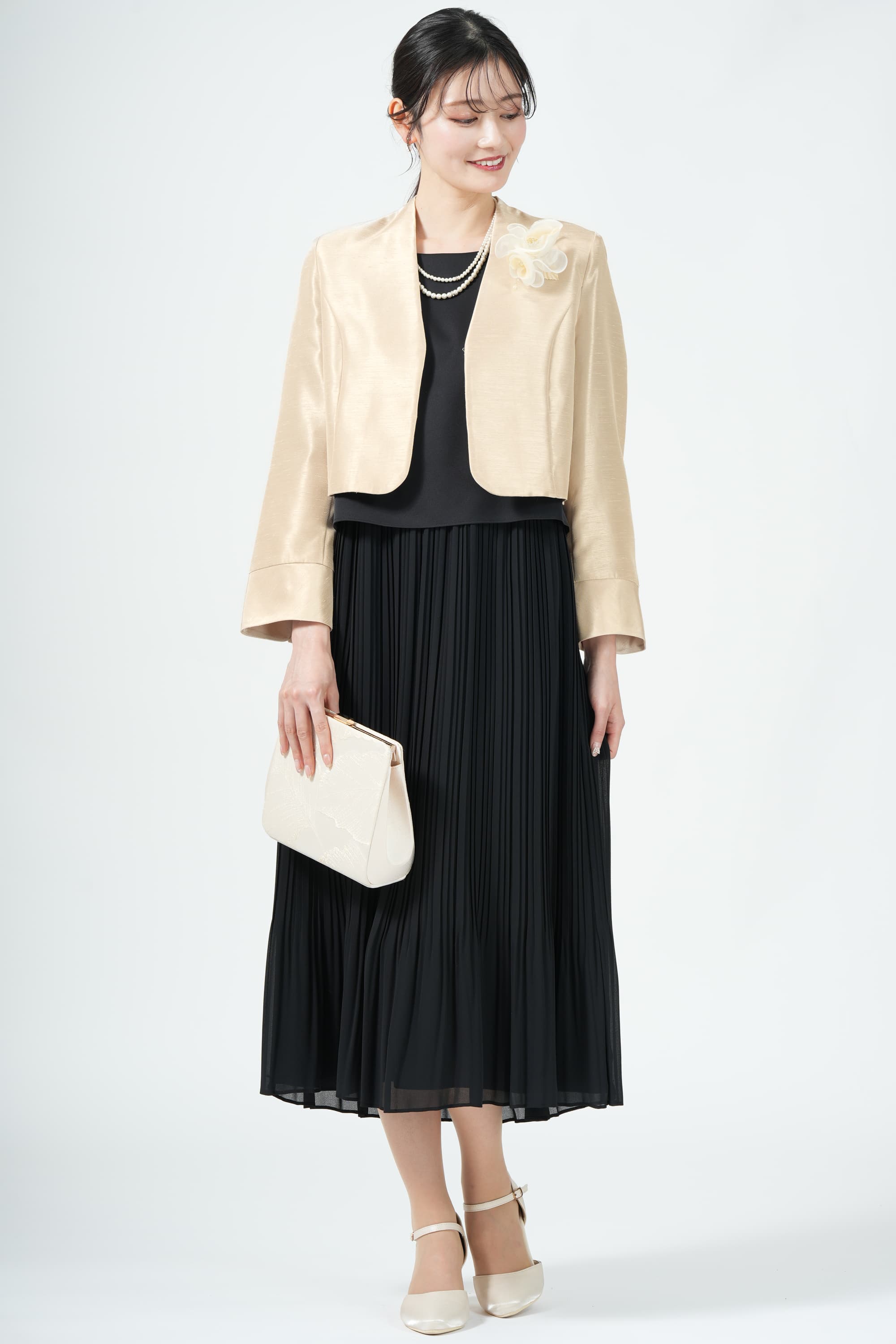 Apploberry 東京ソワール スリット袖エレガントプリーツブラックドレス