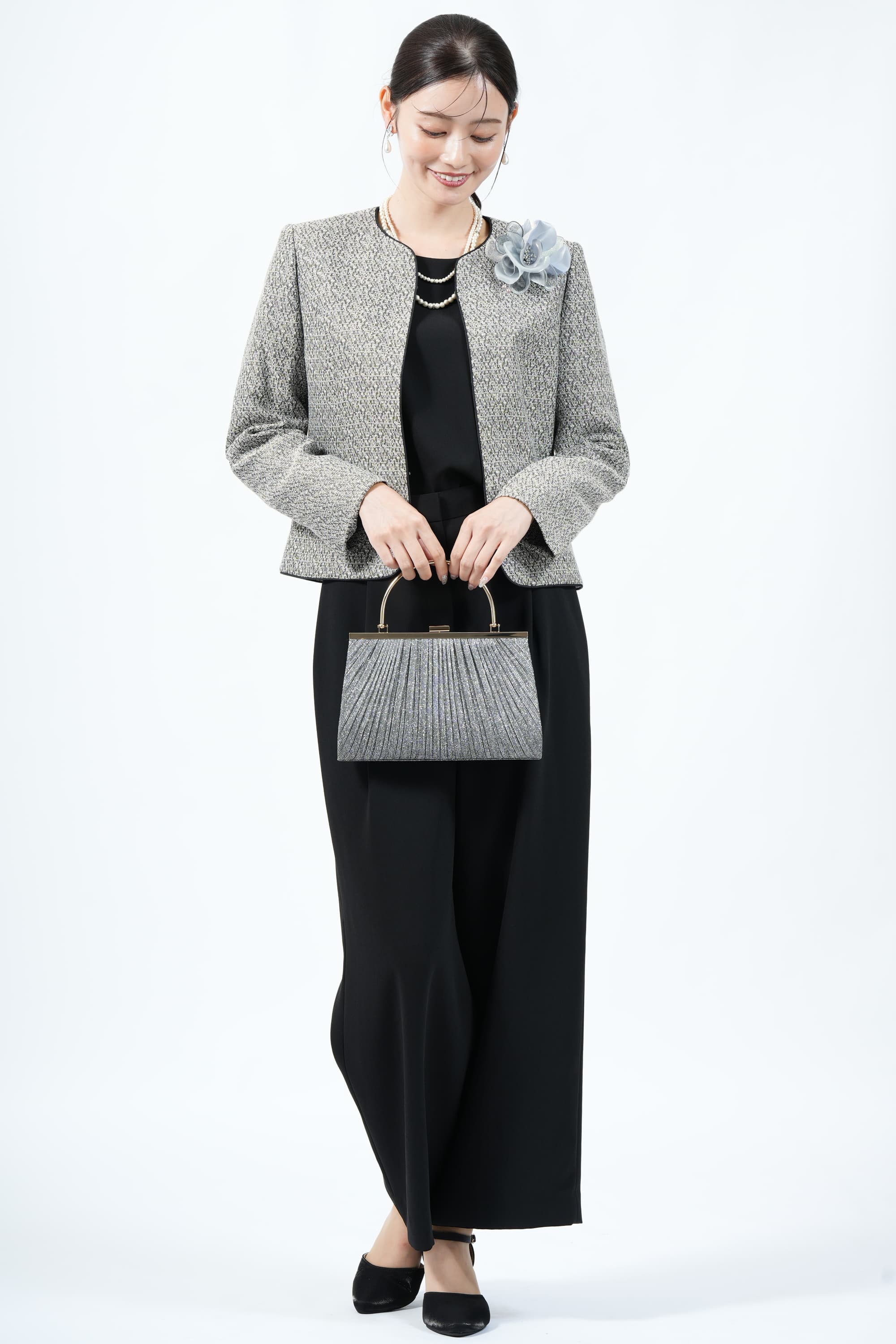 INFINE MIXツイード×ブラックパンツスーツセット (L) をレンタル