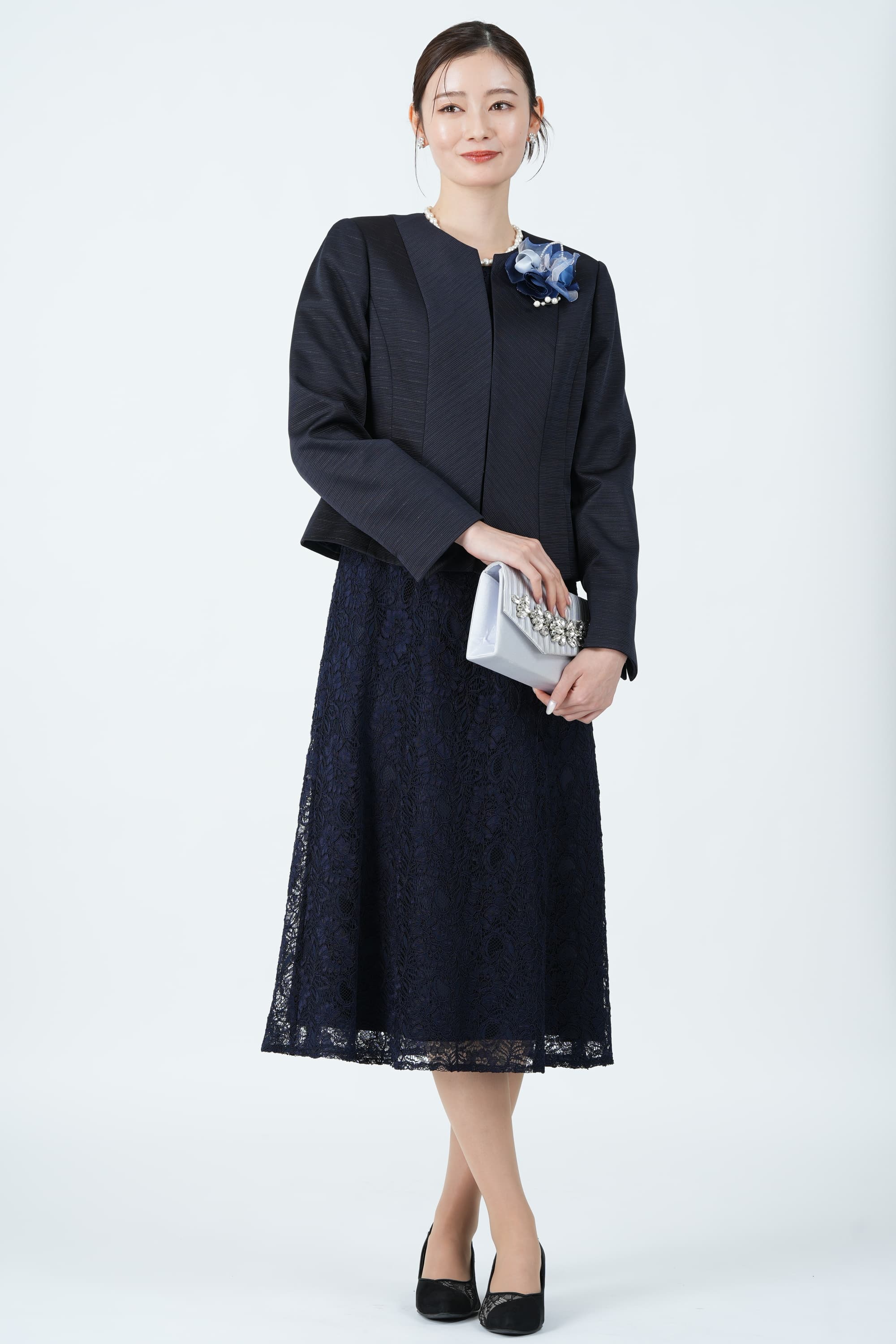 東京ソワールRifanne Liz 大きいサイズ ジャガード ワンピース ドレス RIFANNE 東京ソワール ラメジャガード織りネイビードレスセット