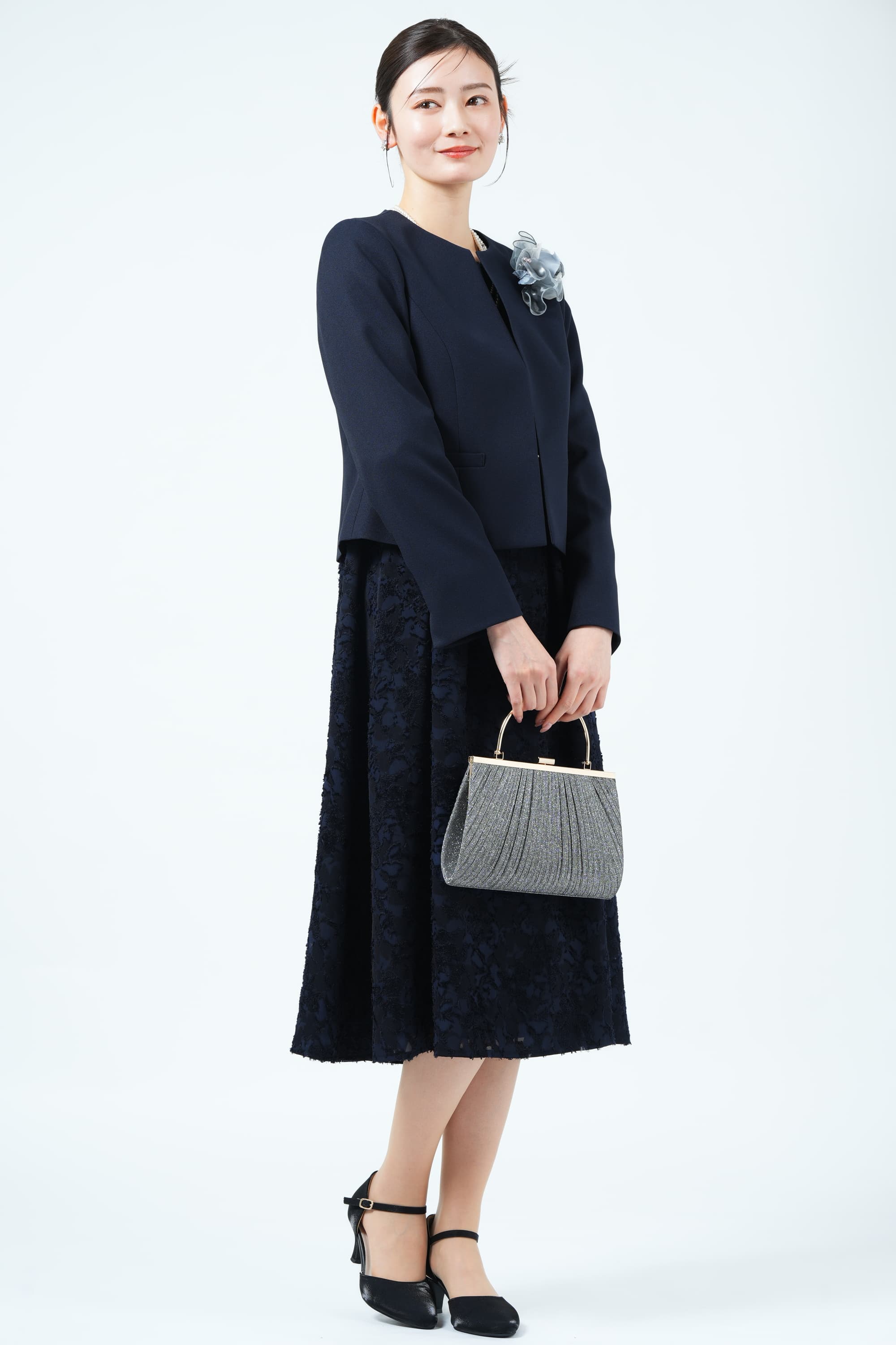 RIFANNE 東京ソワール カットジャガード織りネイビードレスセット (LL