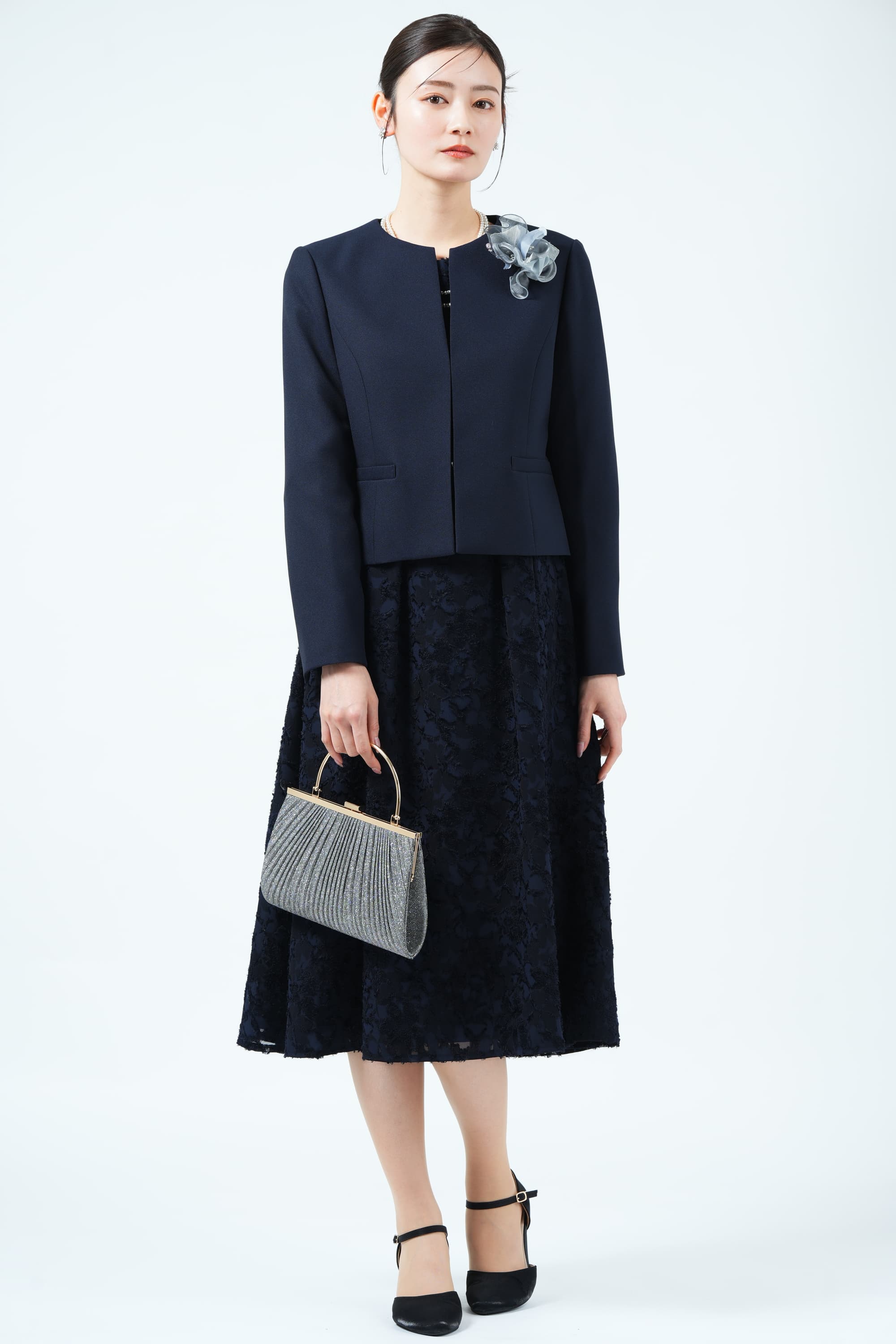 東京ソワールRifanne Liz 大きいサイズ ジャガード ワンピース ドレス RIFANNE 東京ソワール カットジャガード織りネイビードレスセット (LL