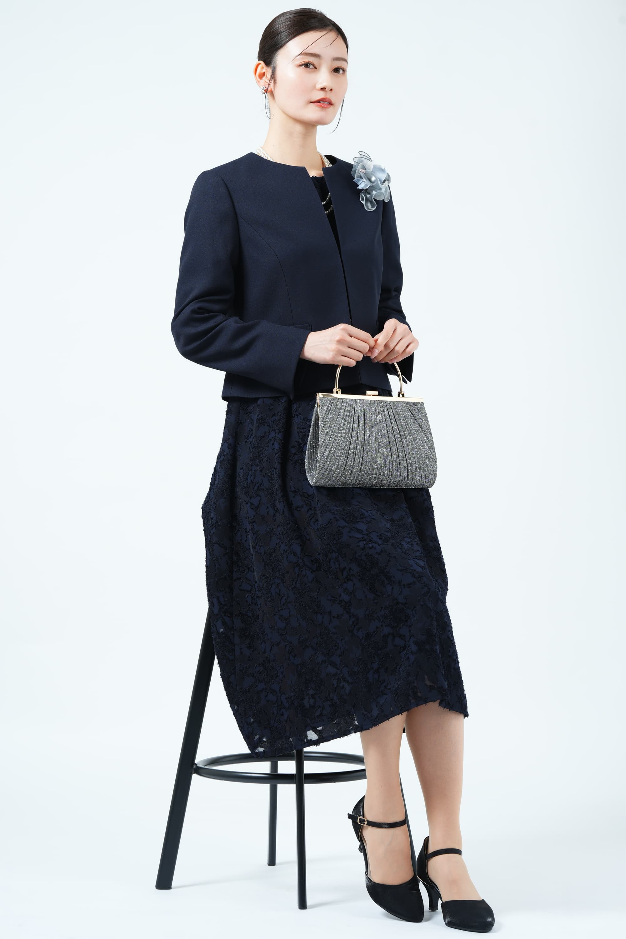 東京ソワールRifanne Liz 大きいサイズ ジャガード ワンピース ドレス RIFANNE 東京ソワール ラメジャガード織りネイビードレスセット (M) を