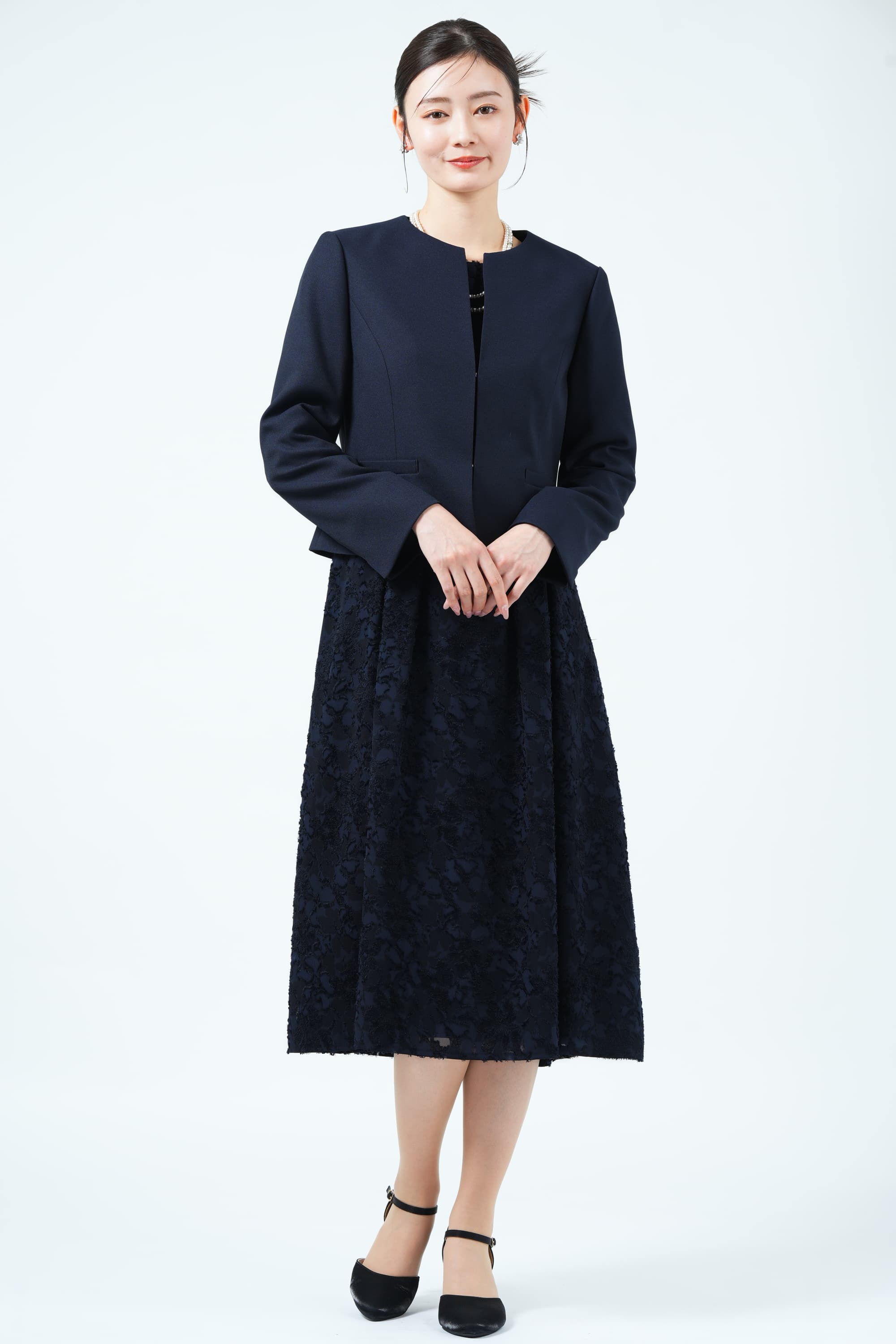 RIFANNE 東京ソワール カットジャガード織りネイビードレスセット (LL