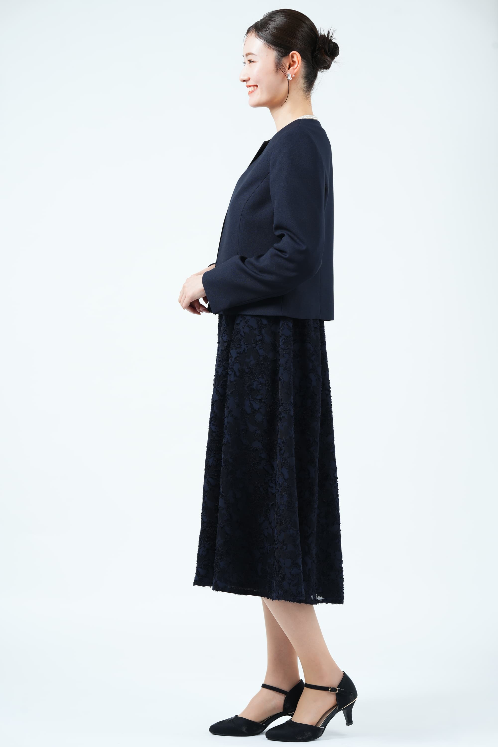 RIFANNE 東京ソワール カットジャガード織りネイビードレスセット (LL