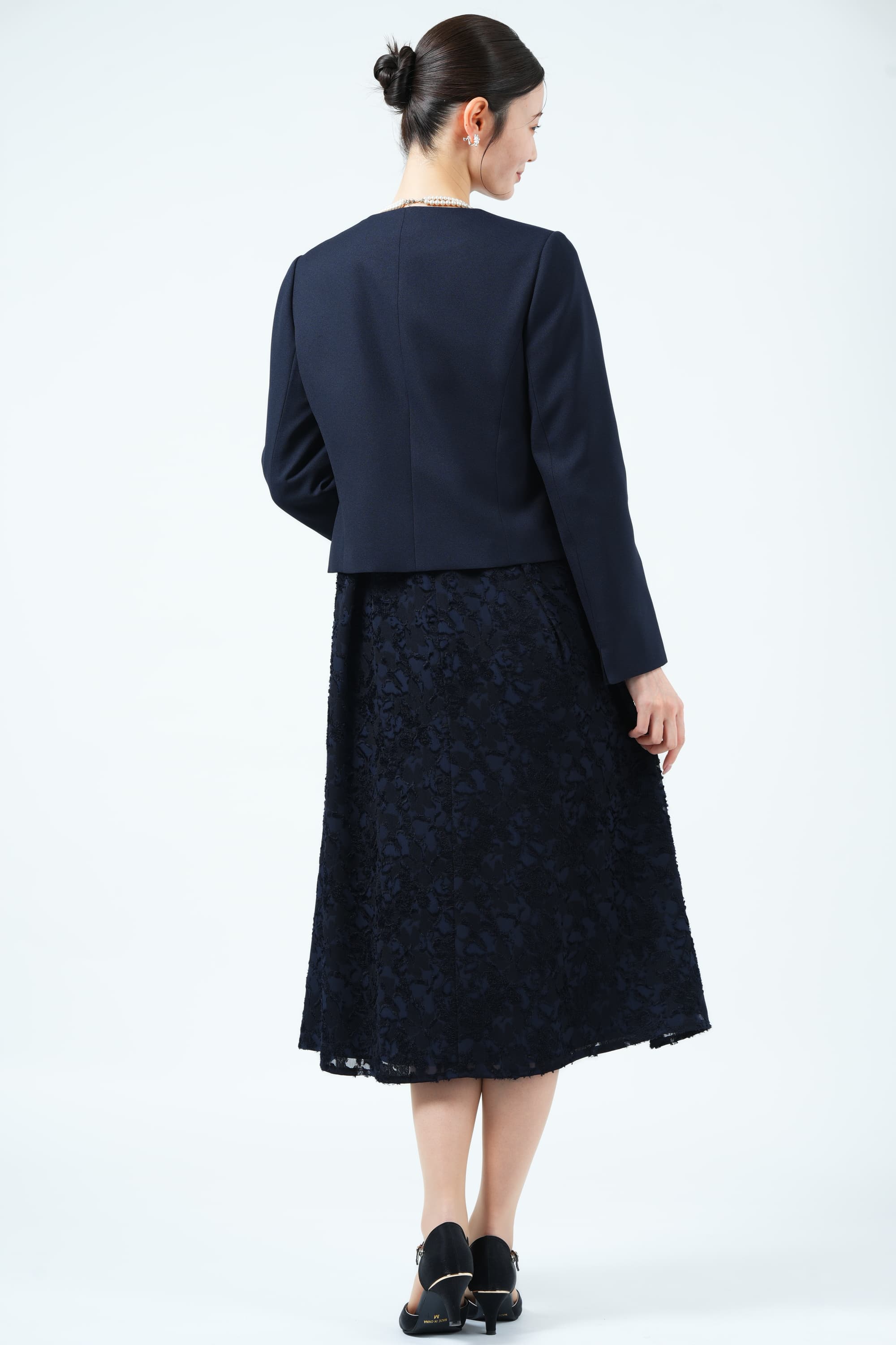 RIFANNE 東京ソワール カットジャガード織りネイビードレスセット (M