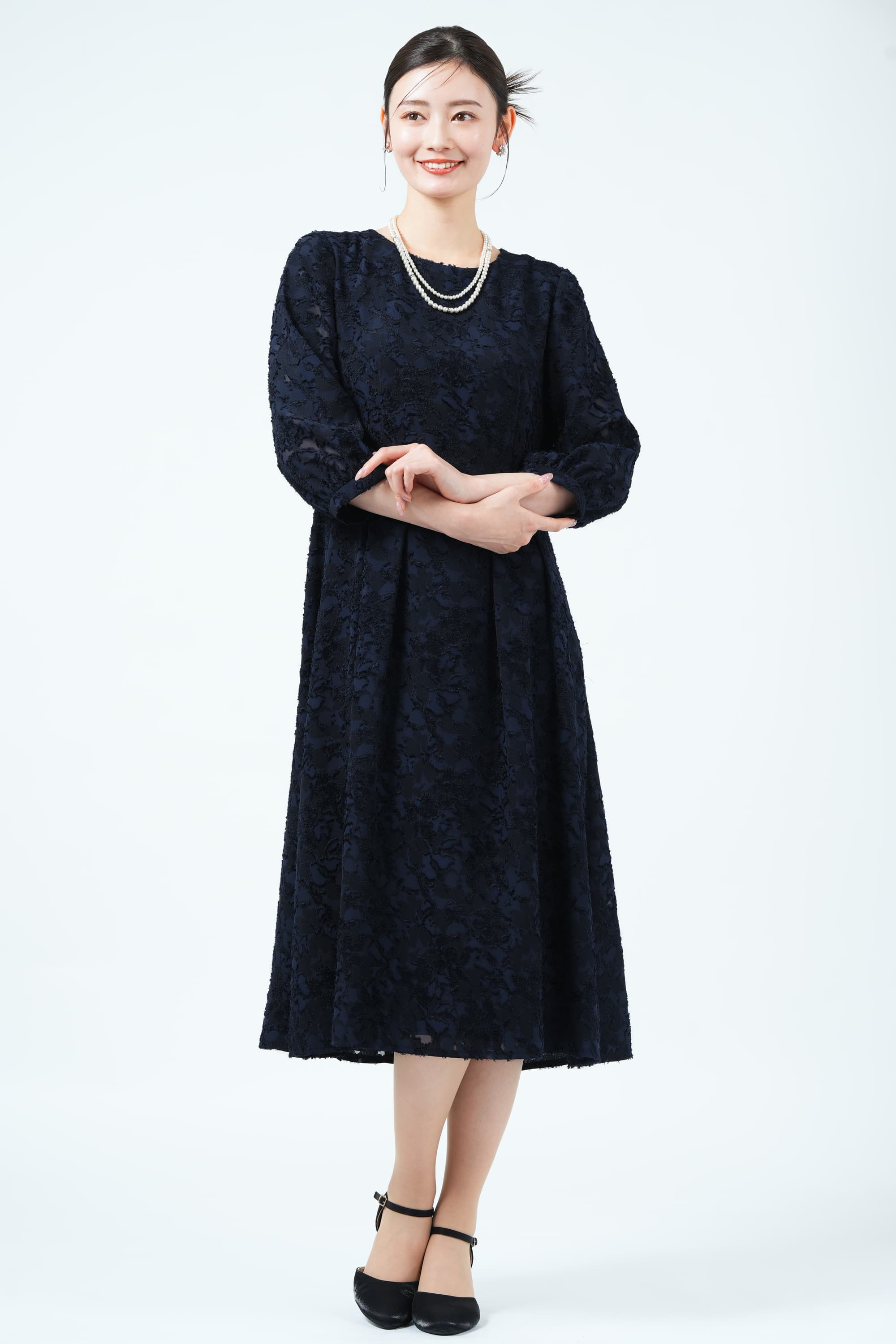 RIFANNE 東京ソワール カットジャガード織りネイビードレスセット (LL