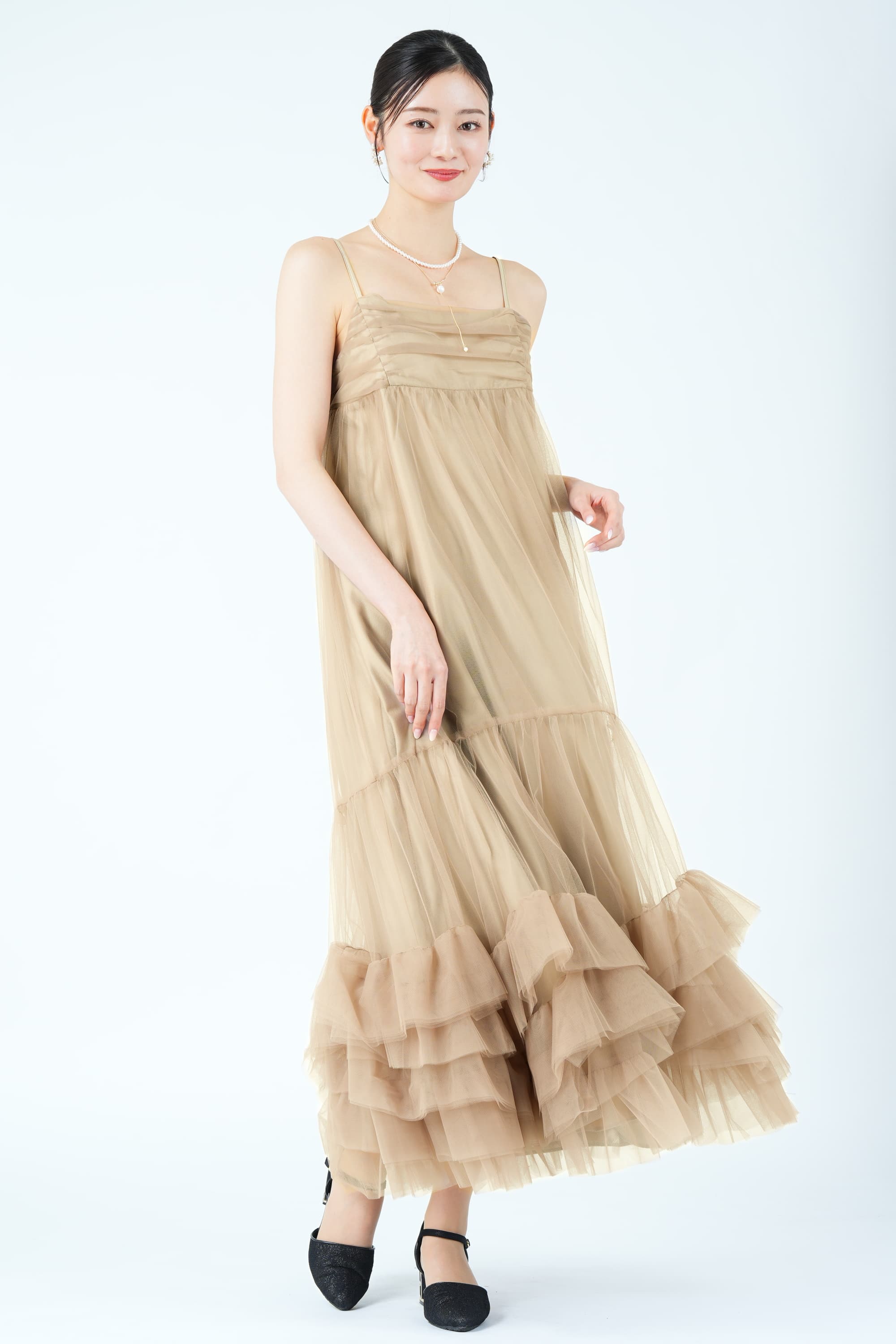 ジャケット&times;ティアードチュールベージュドレスセット