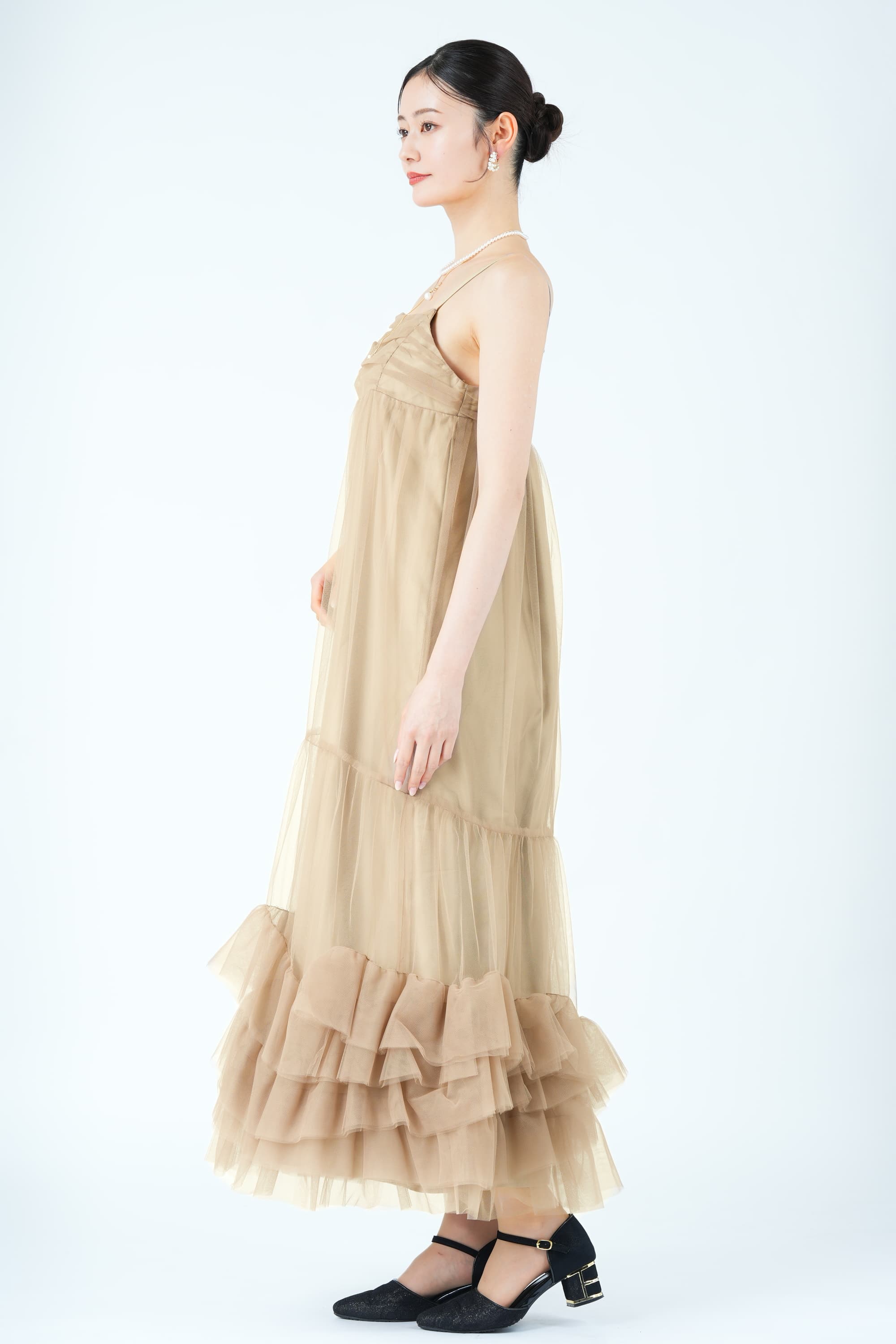 ANDRESD ジャケット×ティアードチュールベージュドレスセット (M) を