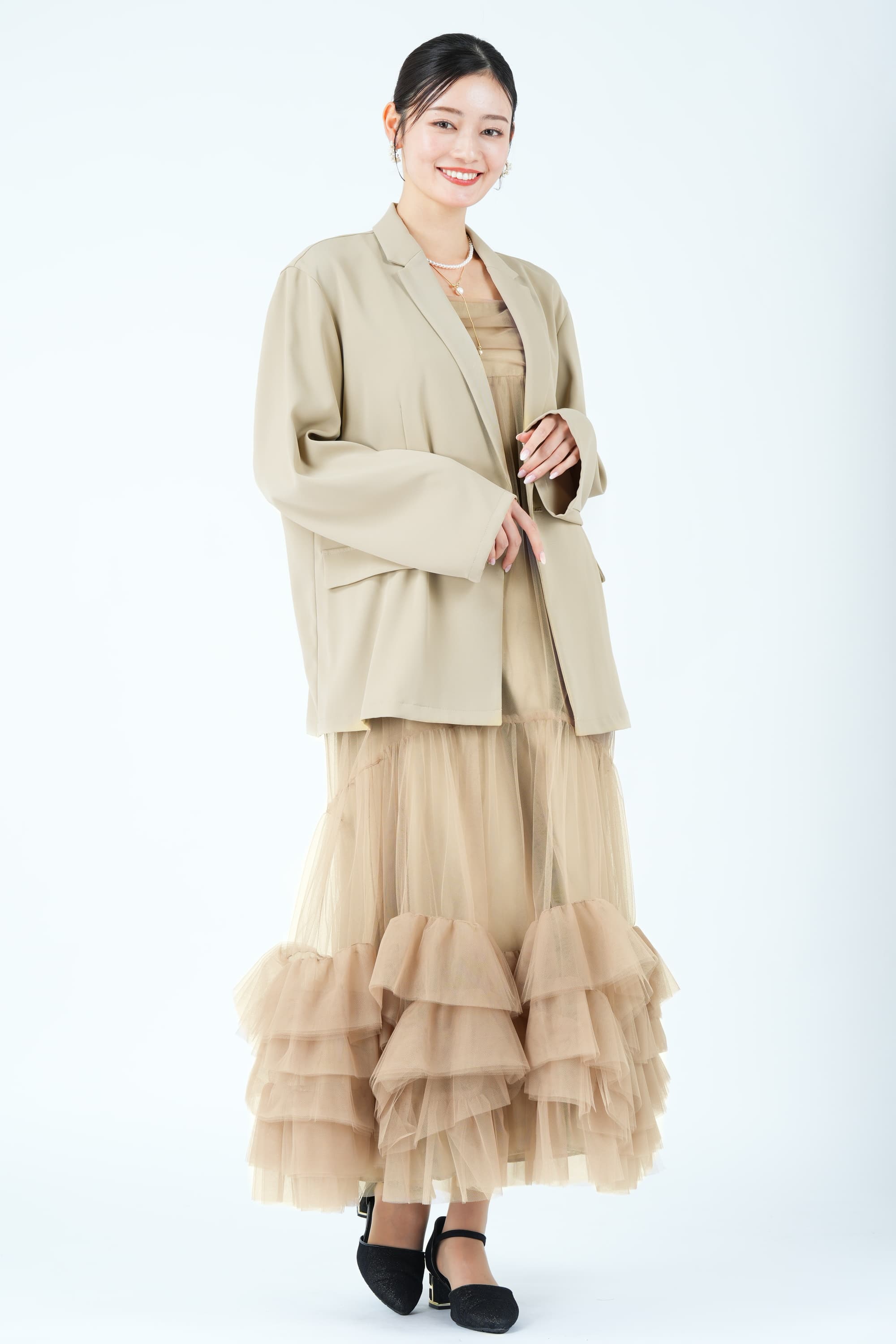 ANDRESD ジャケット×ティアードチュールベージュドレスセット (M) を