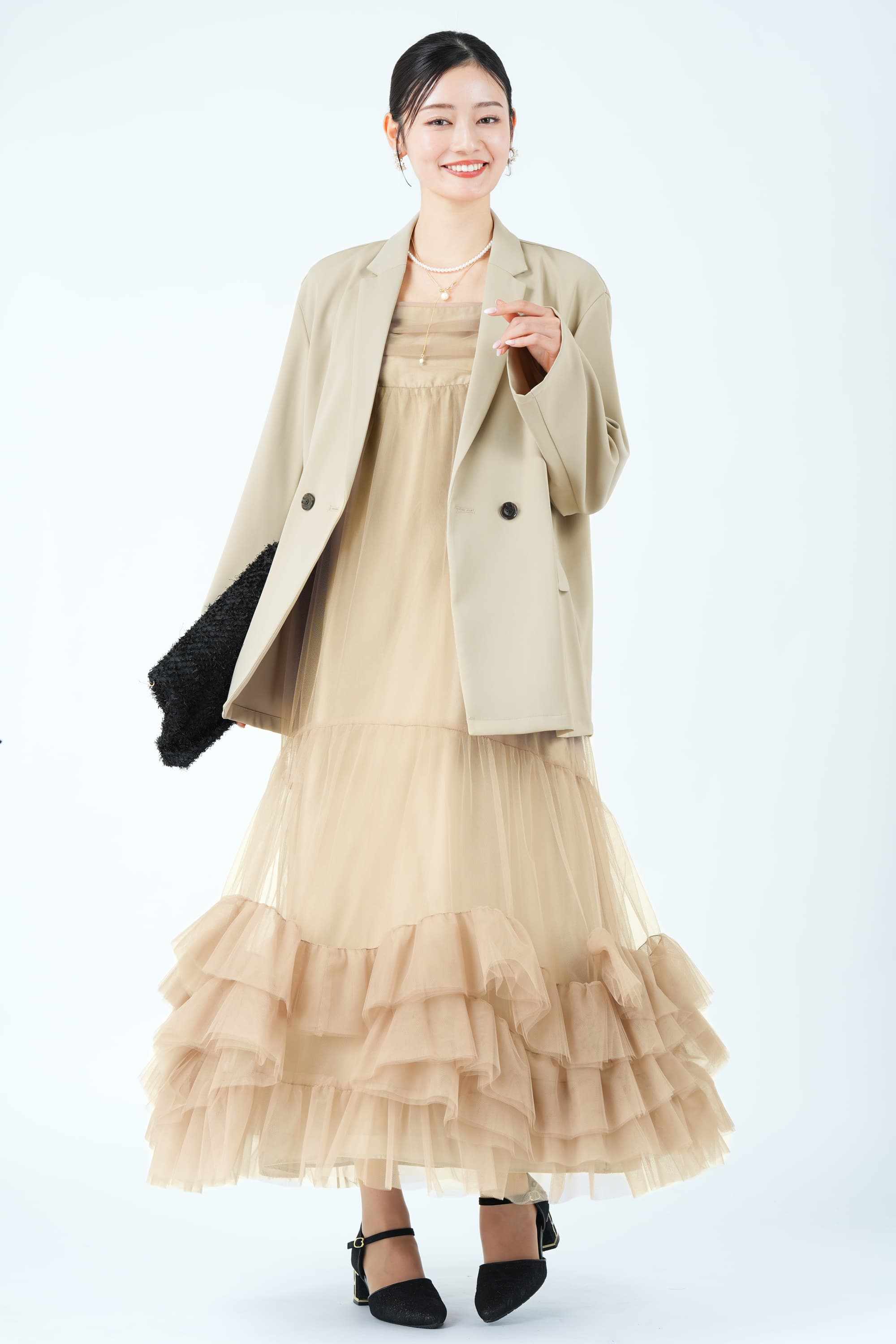 ANDRESD ジャケット×ティアードチュールベージュドレスセット (M) を