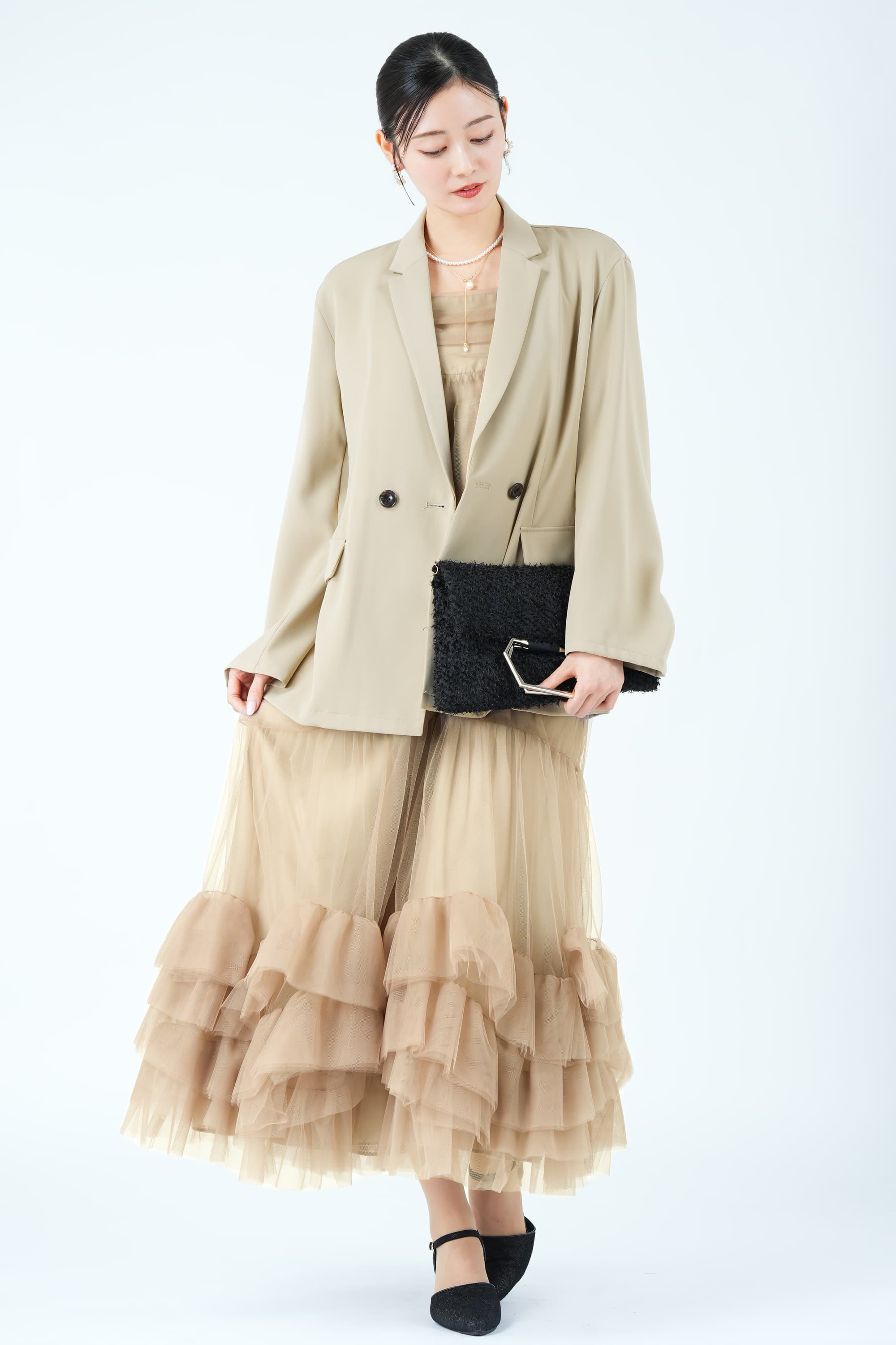 ANDRESD ジャケット×ティアードチュールベージュドレスセット (L) を