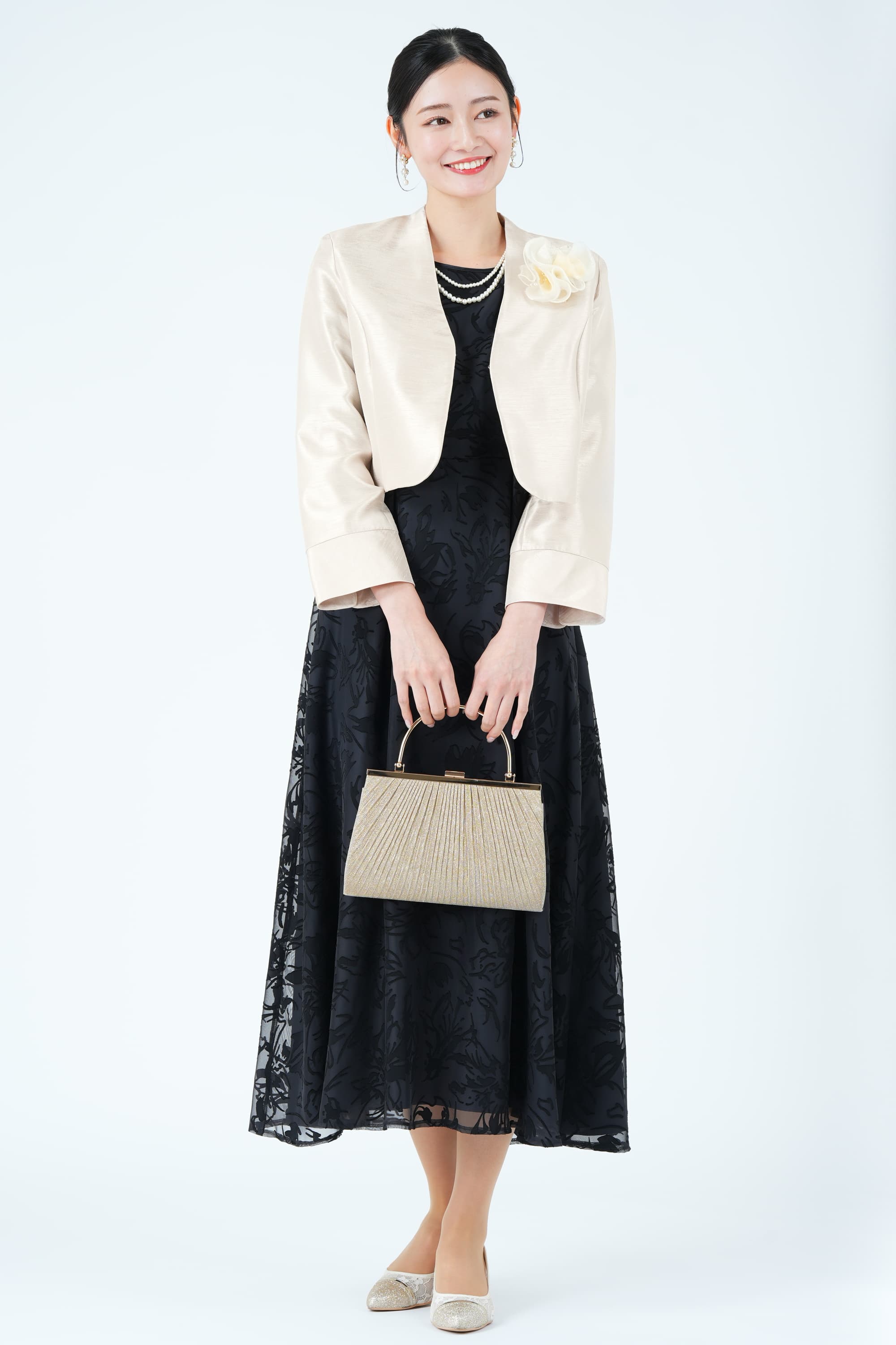 サテンオパール線画フラワーブラックドレスセット