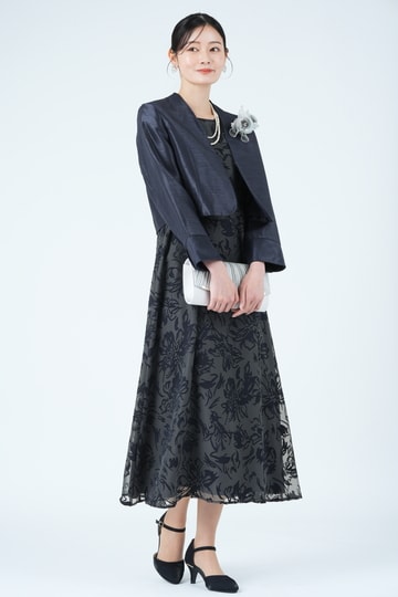 サテンオパール線画フラワーネイビードレスセット