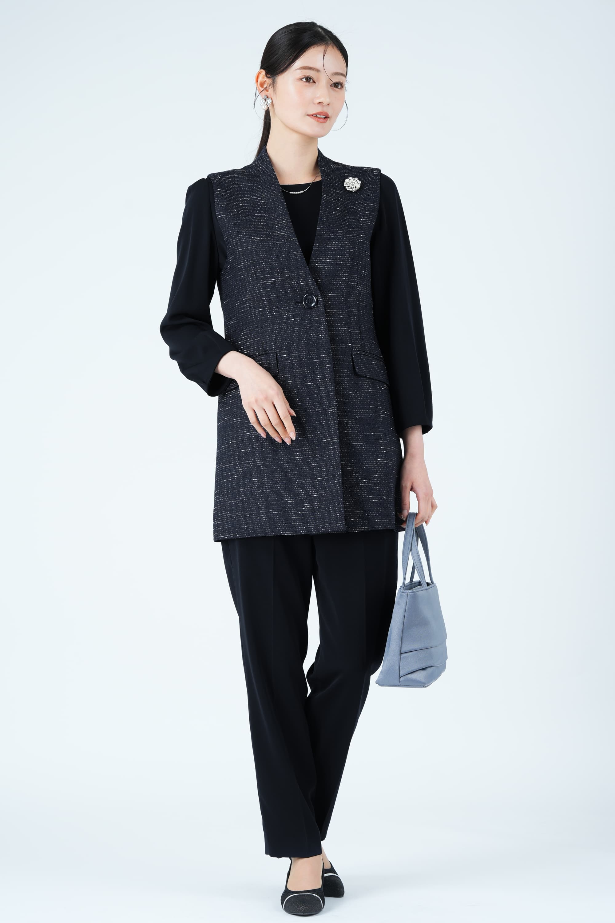 ツイード調ロングジレネイビーパンツドレスセット