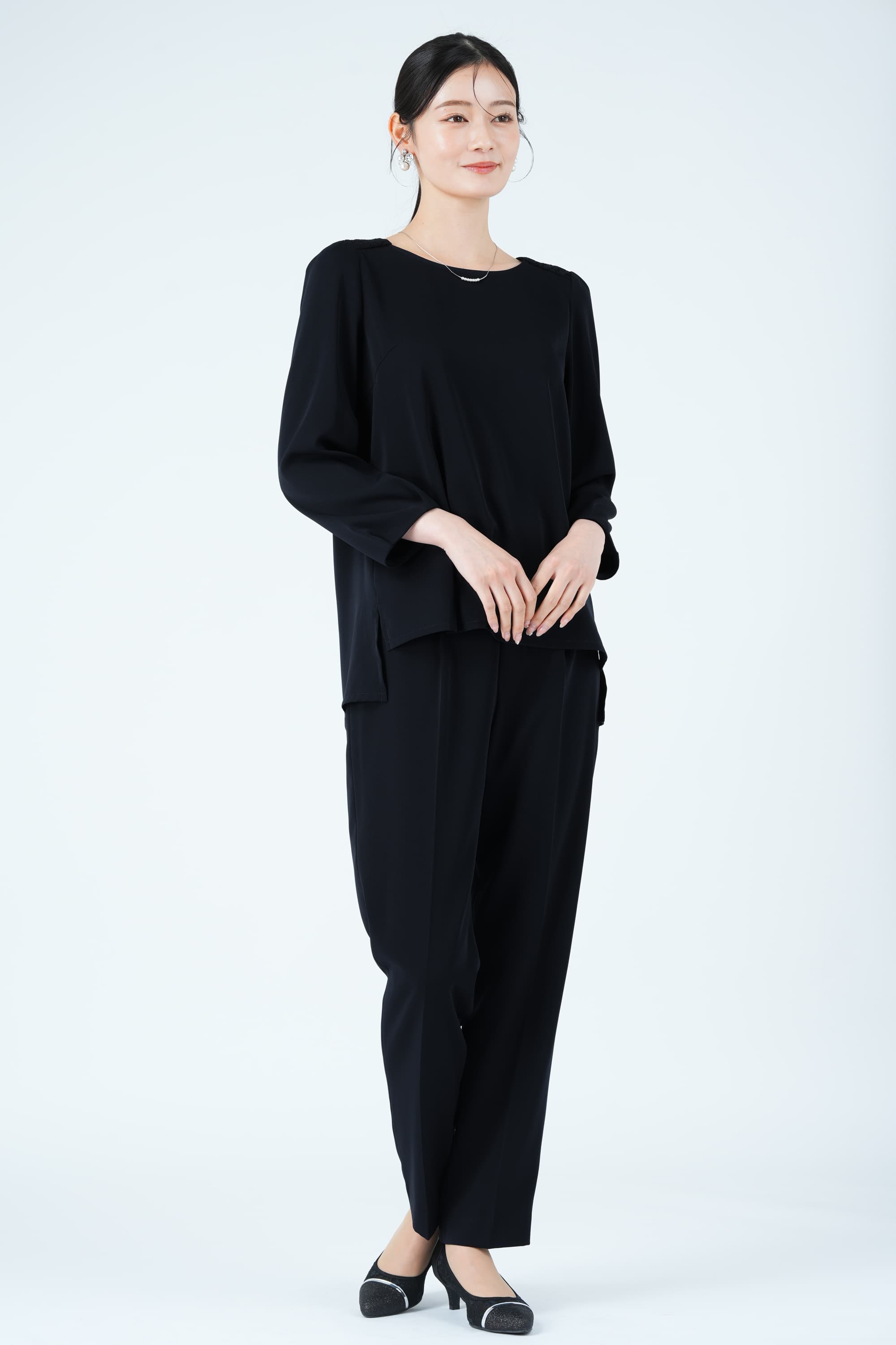 ツイード調ロングジレネイビーパンツドレスセット