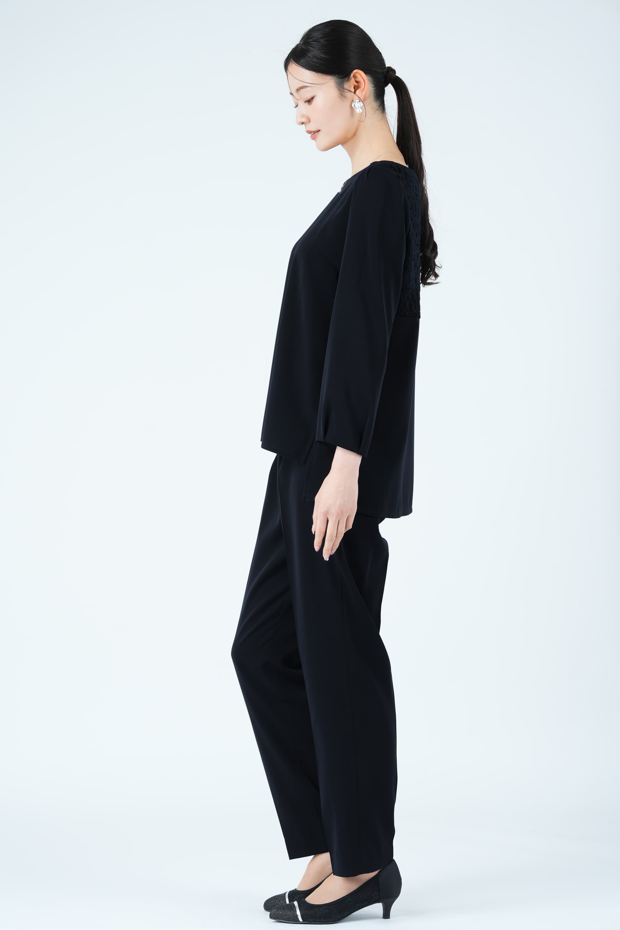 ツイード調ロングジレネイビーパンツドレスセット