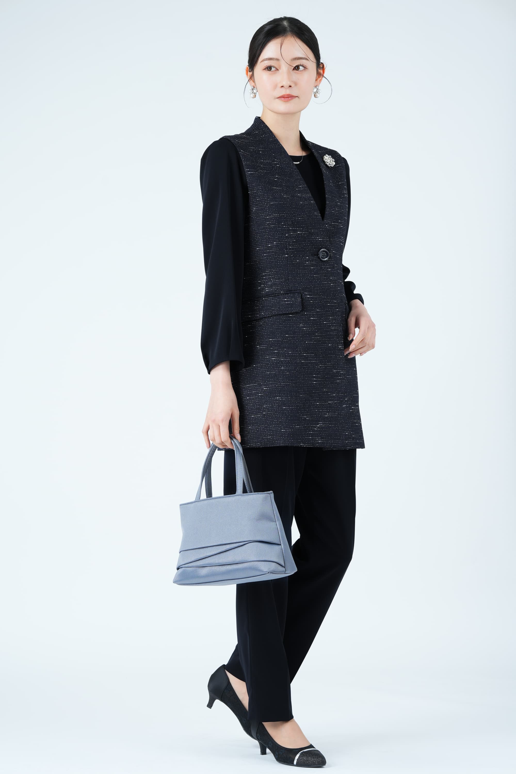 ツイード調ロングジレネイビーパンツドレスセット