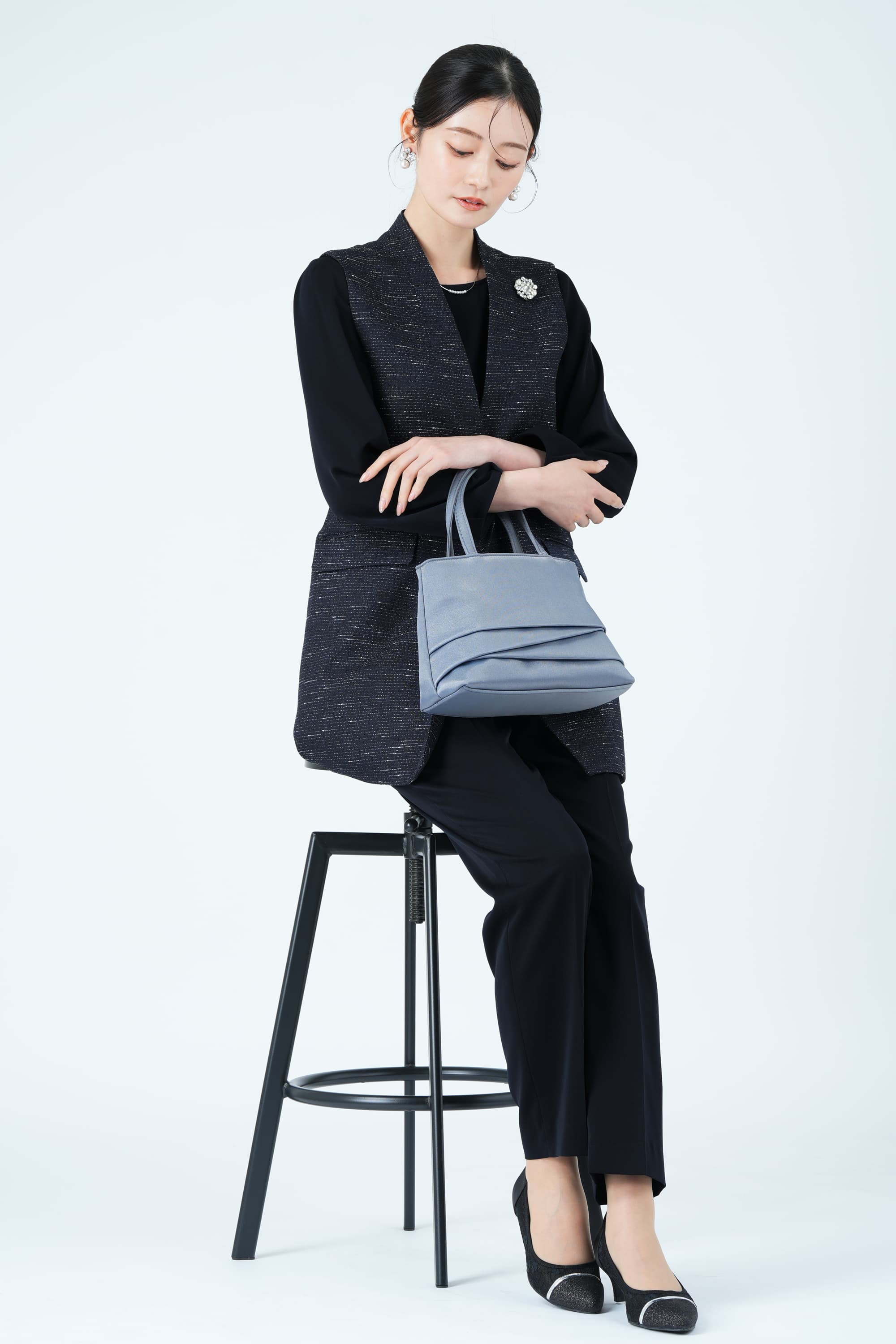 ツイード調ロングジレネイビーパンツドレスセット