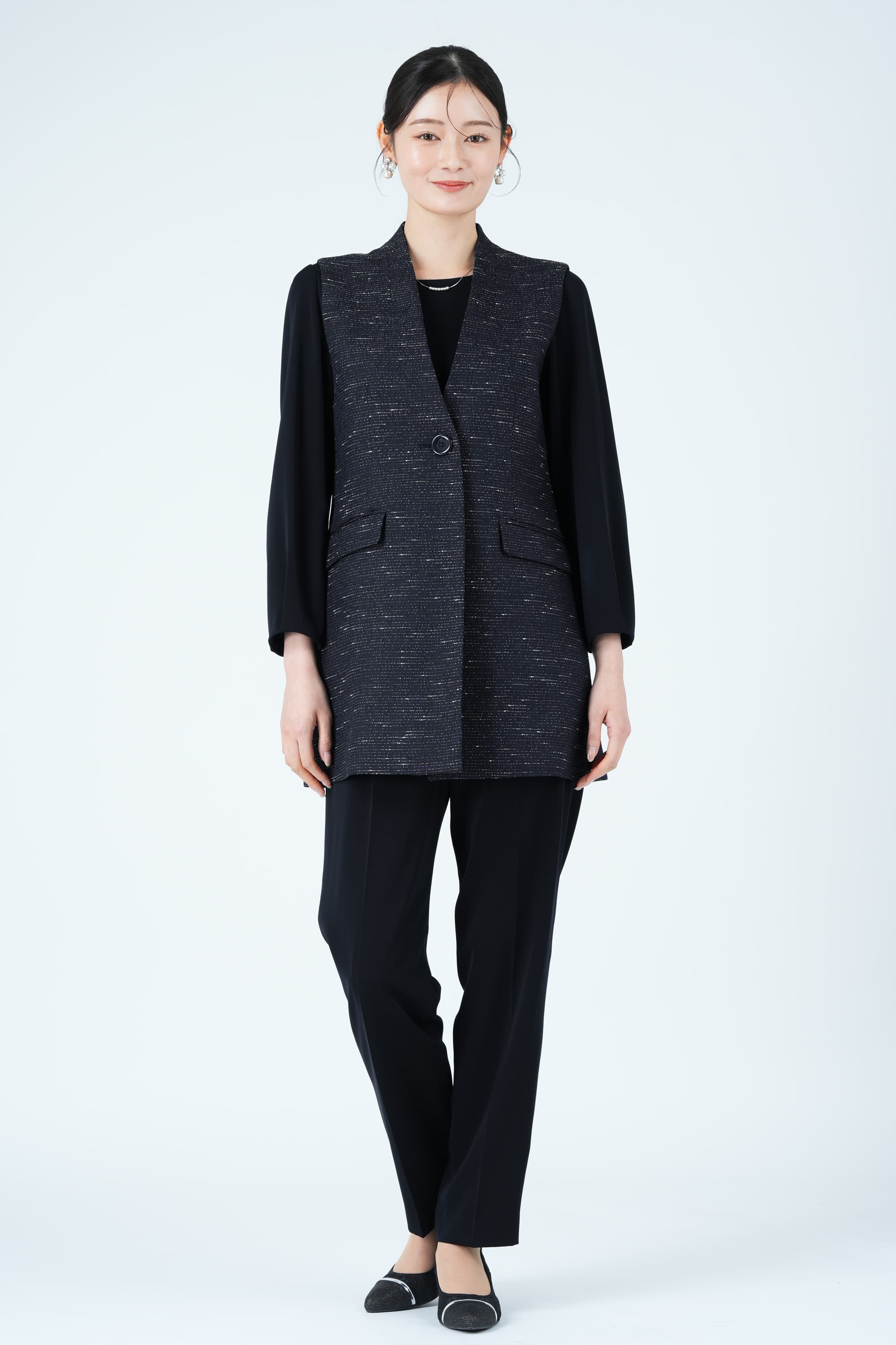 ツイード調ロングジレネイビーパンツドレスセット