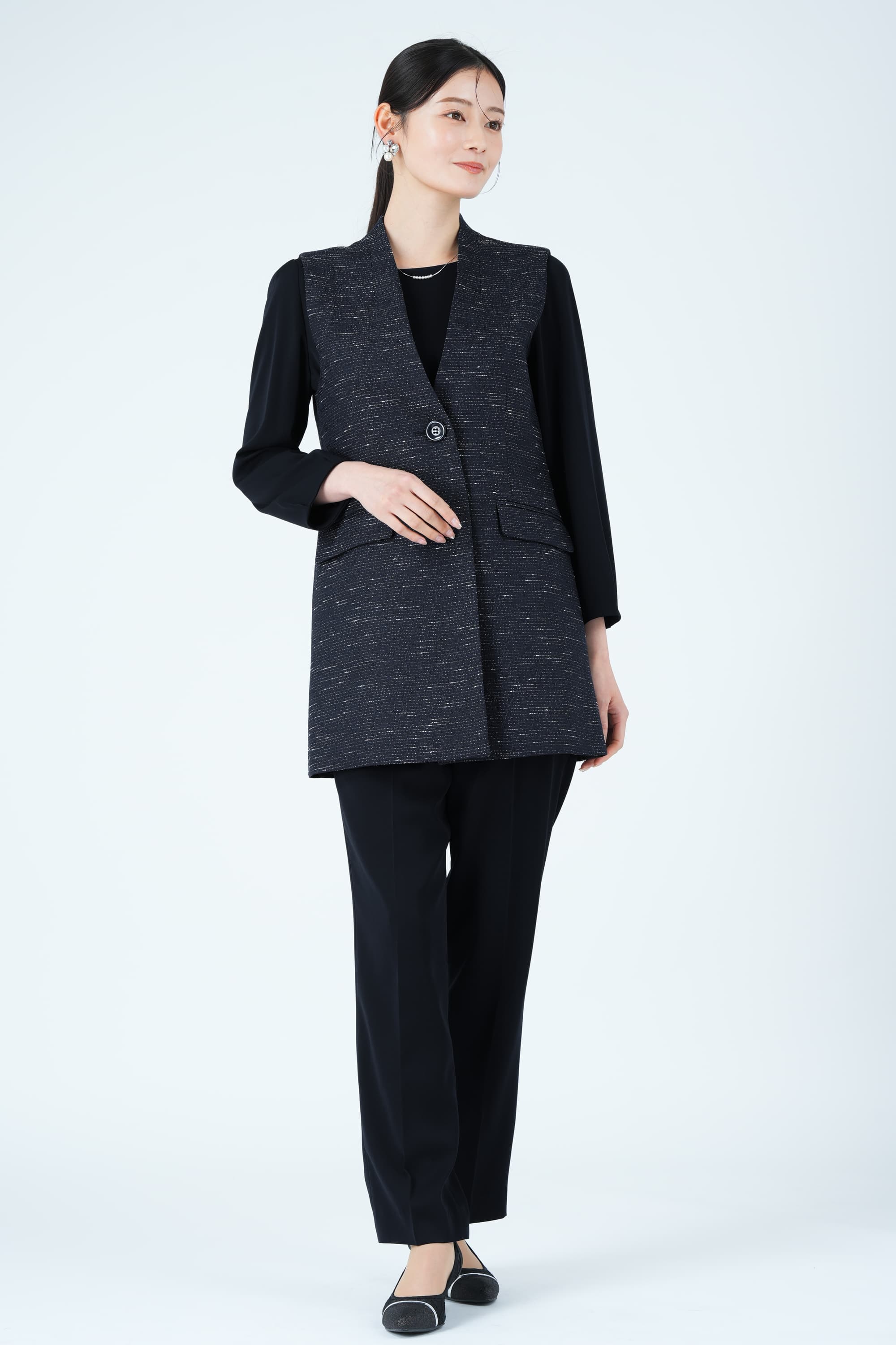 ツイード調ロングジレネイビーパンツドレスセット